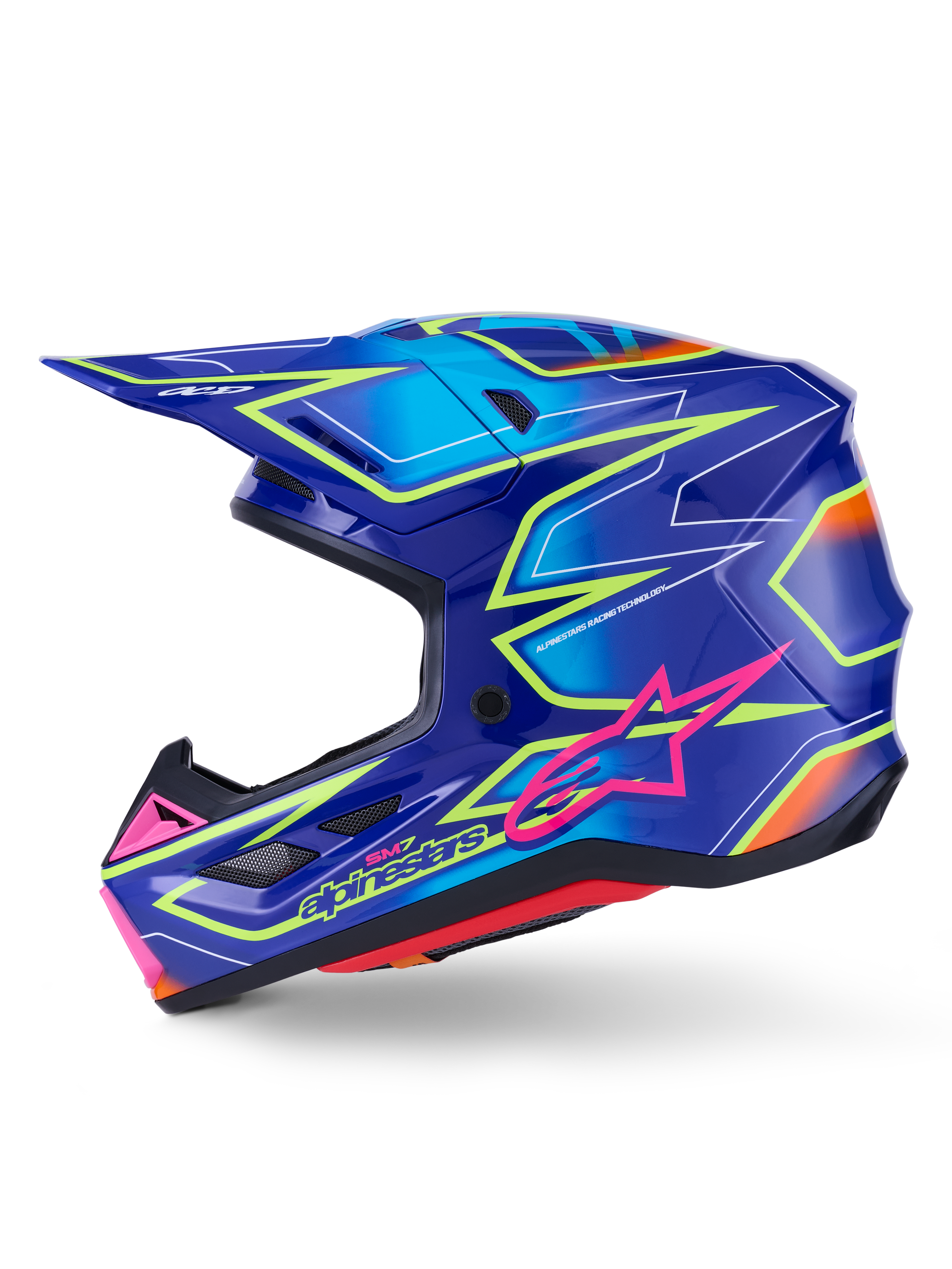 Casco Alpinestars S-M7 Cast, casco da motocross, blu con accenti rosa e giallo fluo lucido, vista di profilo laterale che mostra la calotta aerodinamica in materiale composito, porte di ventilazione integrate, logo a stella rosa e branding giallo, progettato per la protezione nelle competizioni off-road.