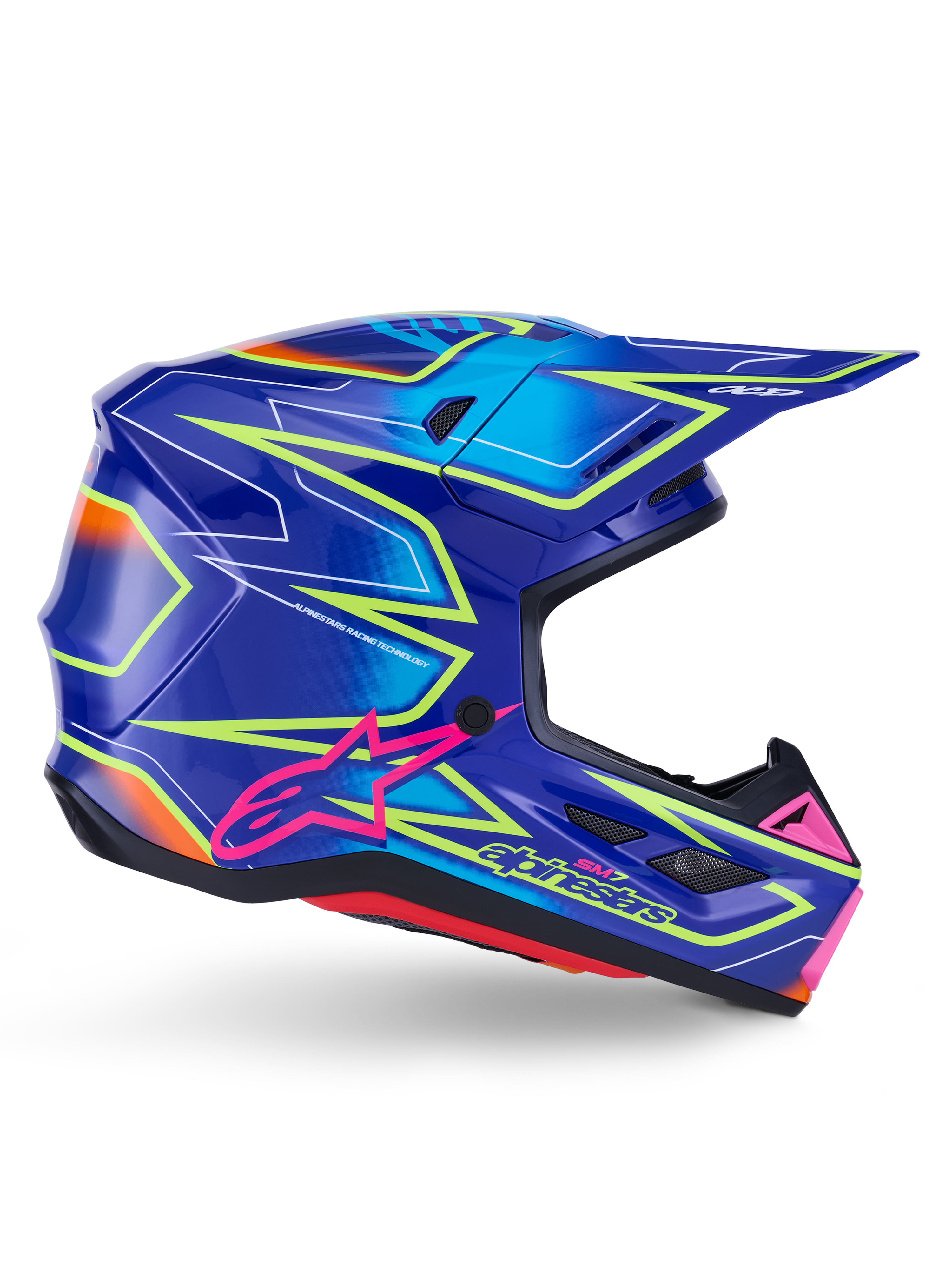 Casco Alpinestars S-M7 Cast, casco da motocross, blu, rosa e giallo fluo lucido, vista di profilo laterale con motivi geometrici audaci, logo Alpinestars rosa e calotta aerodinamica ventilata