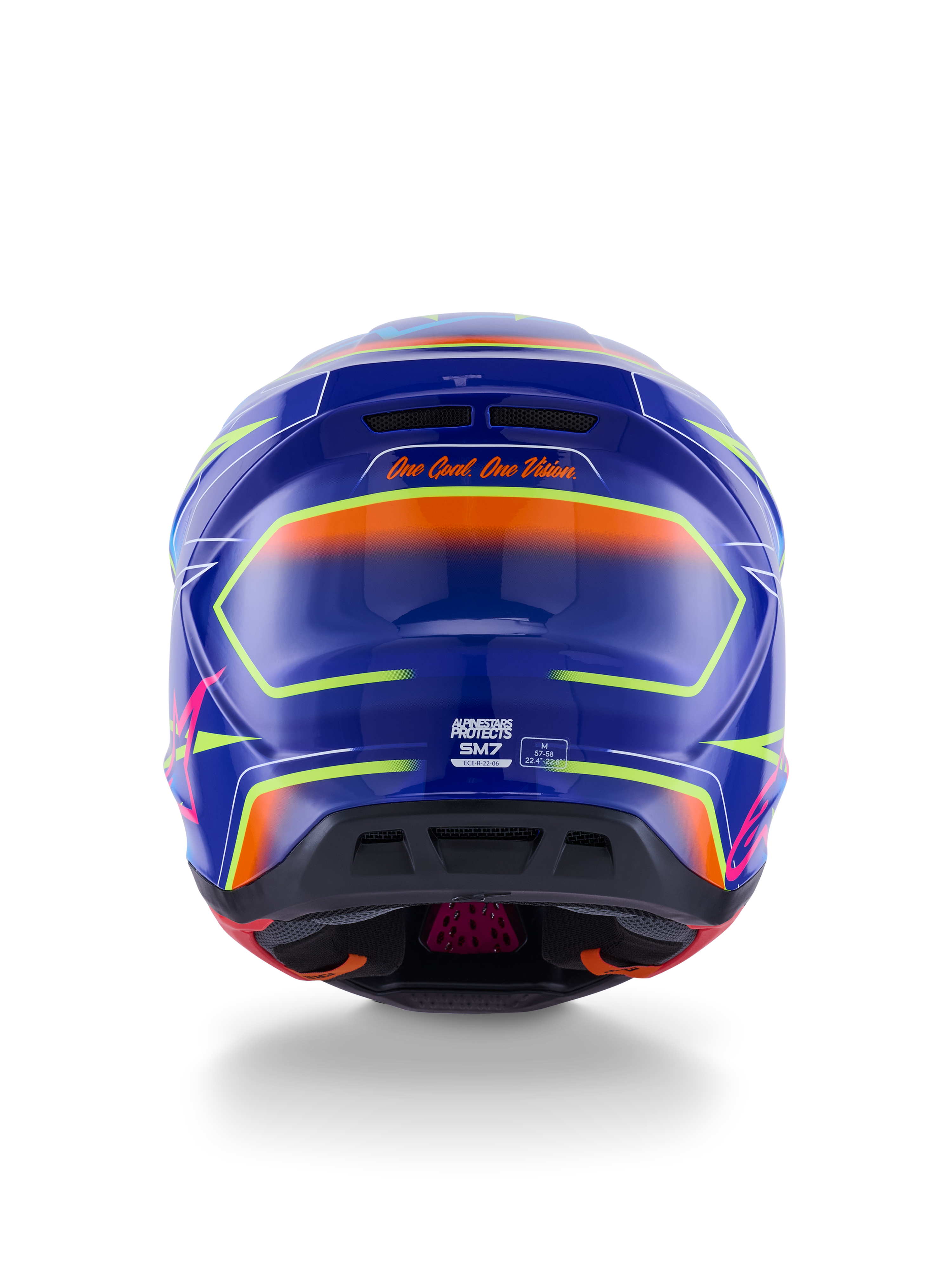 Alpinestars S-M7 Cast Helmet ECE 22.06, casco da motocross, blu, rosa e giallo fluo lucido, vista posteriore con lo slogan 'One Goal. One Vision.', calotta aerodinamica in composito con porte di ventilazione integrate e vivaci accenti neon