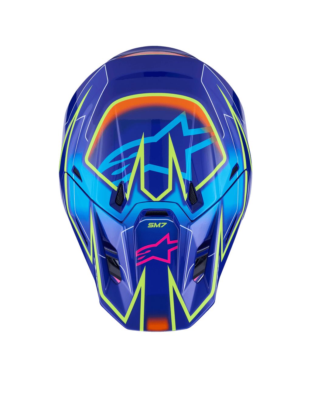 Casco Alpinestars S-M7 Cast, casco da motocross, blu, rosa e giallo fluo lucido, vista frontale caratterizzata da vivaci linee geometriche giallo fluo, logo a stella Alpinestars rosa sulla mentoniera e logo a stella azzurro nell'area della visiera, design della calotta aerodinamico per corse off-road