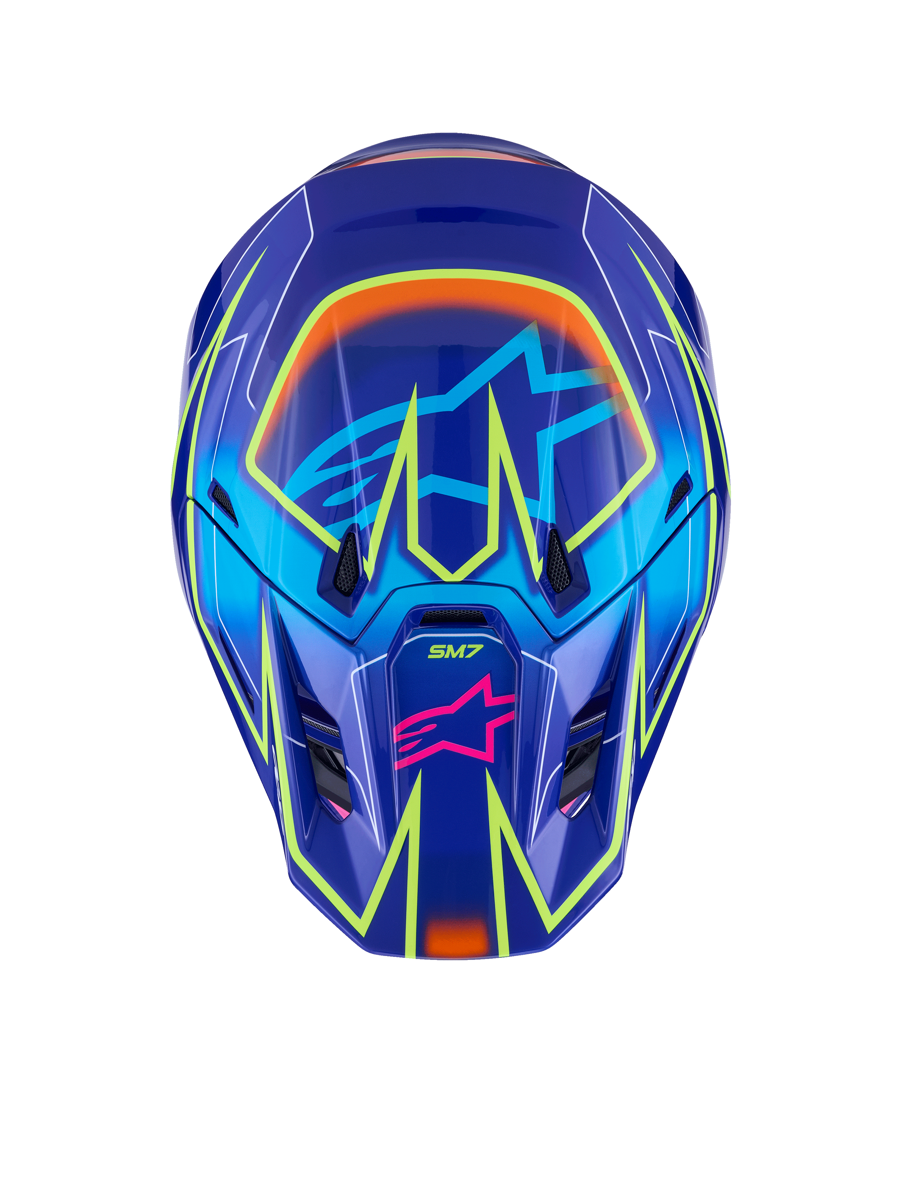 Casco Alpinestars S-M7 Cast, casco da motocross, blu, rosa e giallo fluo lucido, vista frontale caratterizzata da vivaci linee geometriche giallo fluo, logo a stella Alpinestars rosa sulla mentoniera e logo a stella azzurro nell'area della visiera, design della calotta aerodinamico per corse off-road