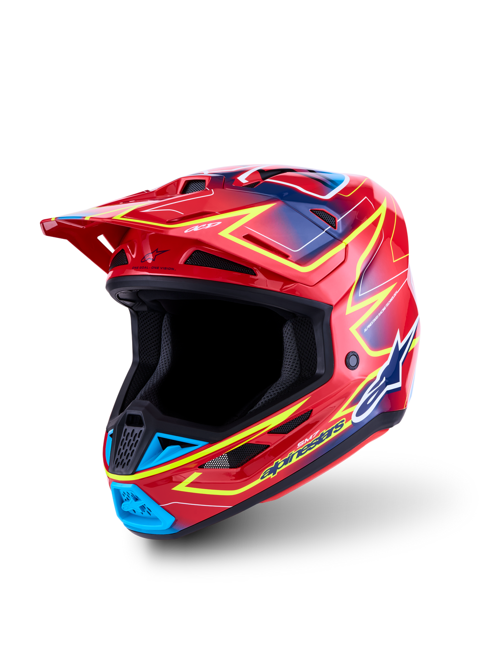 Alpinestars Casco S-M7 Cast ECE06, casco da motocross racing, rosso con accenti giallo fluo e blu, calotta in materiale composito leggero per prestazioni off-road, certificato ECE 22.06, design aerodinamico ultra-ventilato.
