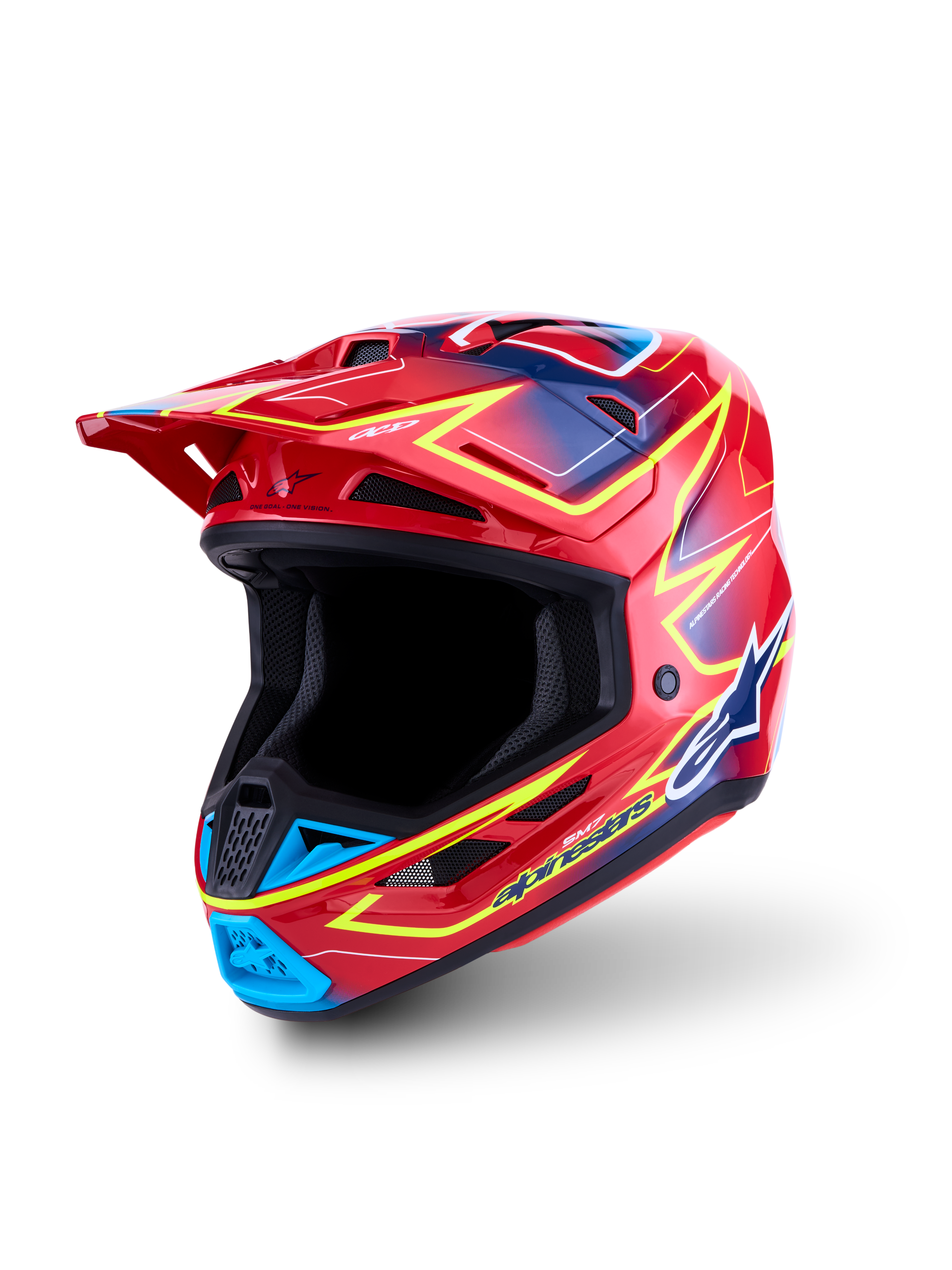 Alpinestars Casco S-M7 Cast ECE06, casco da motocross racing, rosso con accenti giallo fluo e blu, calotta in materiale composito leggero per prestazioni off-road, certificato ECE 22.06, design aerodinamico ultra-ventilato.