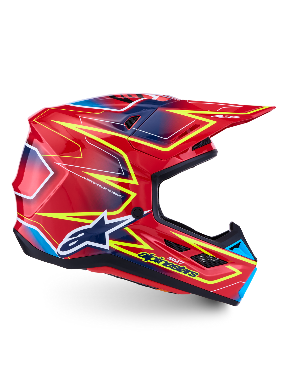 Alpinestars S-M7 Cast, casco da motocross rosso lucido, giallo fluo e blu, calotta aerodinamica certificata ECE 22.06.
