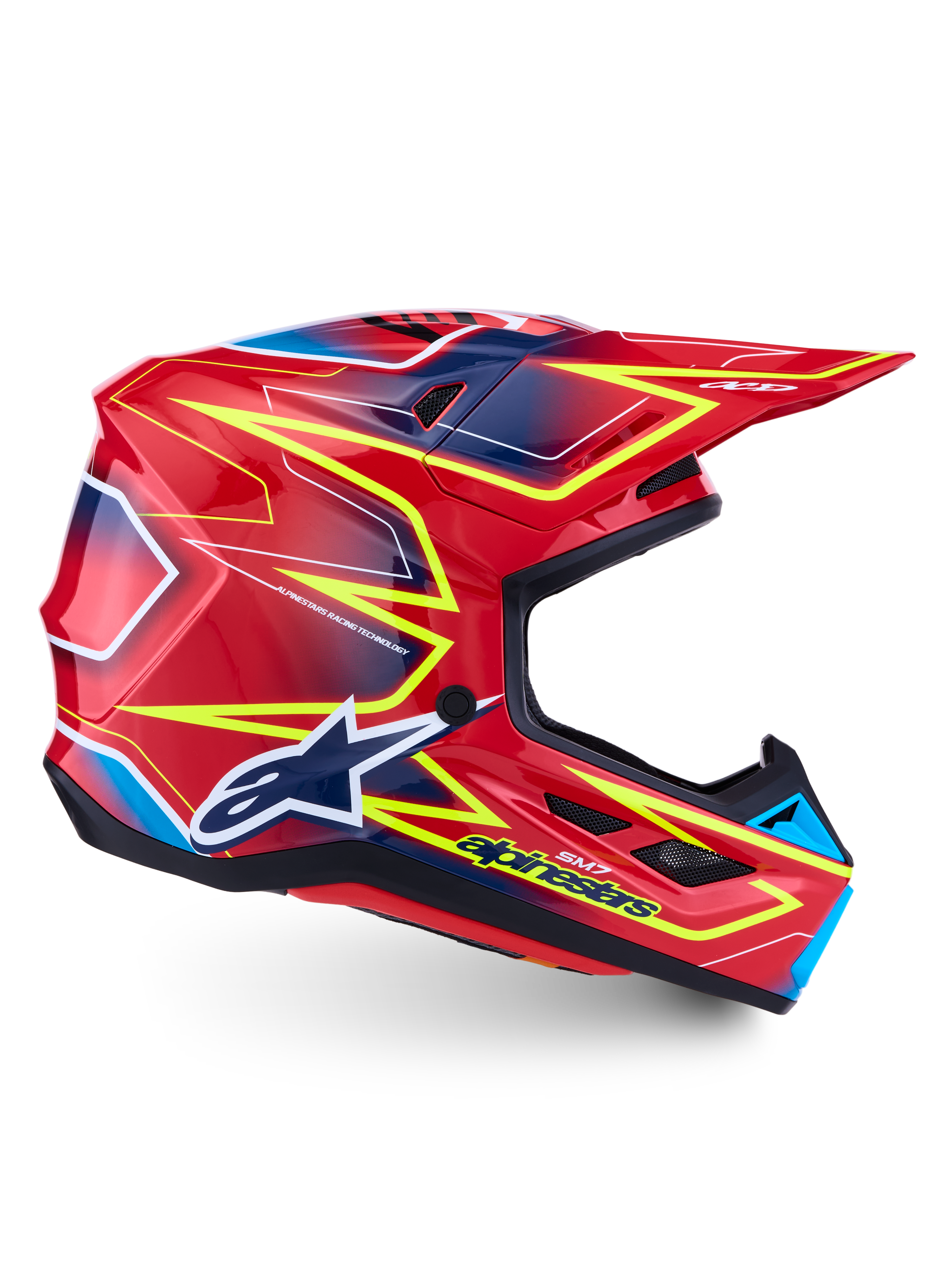 Alpinestars S-M7 Cast, casco da motocross rosso lucido, giallo fluo e blu, calotta aerodinamica certificata ECE 22.06.