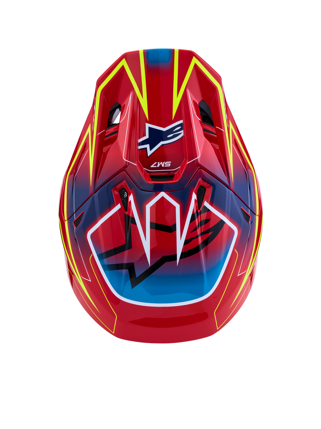 Alpinestars Casco S-M7 Cast ECE06, casco da motocross, rosso, giallo fluo e blu lucido, ECE 22.06, vista dall'alto.