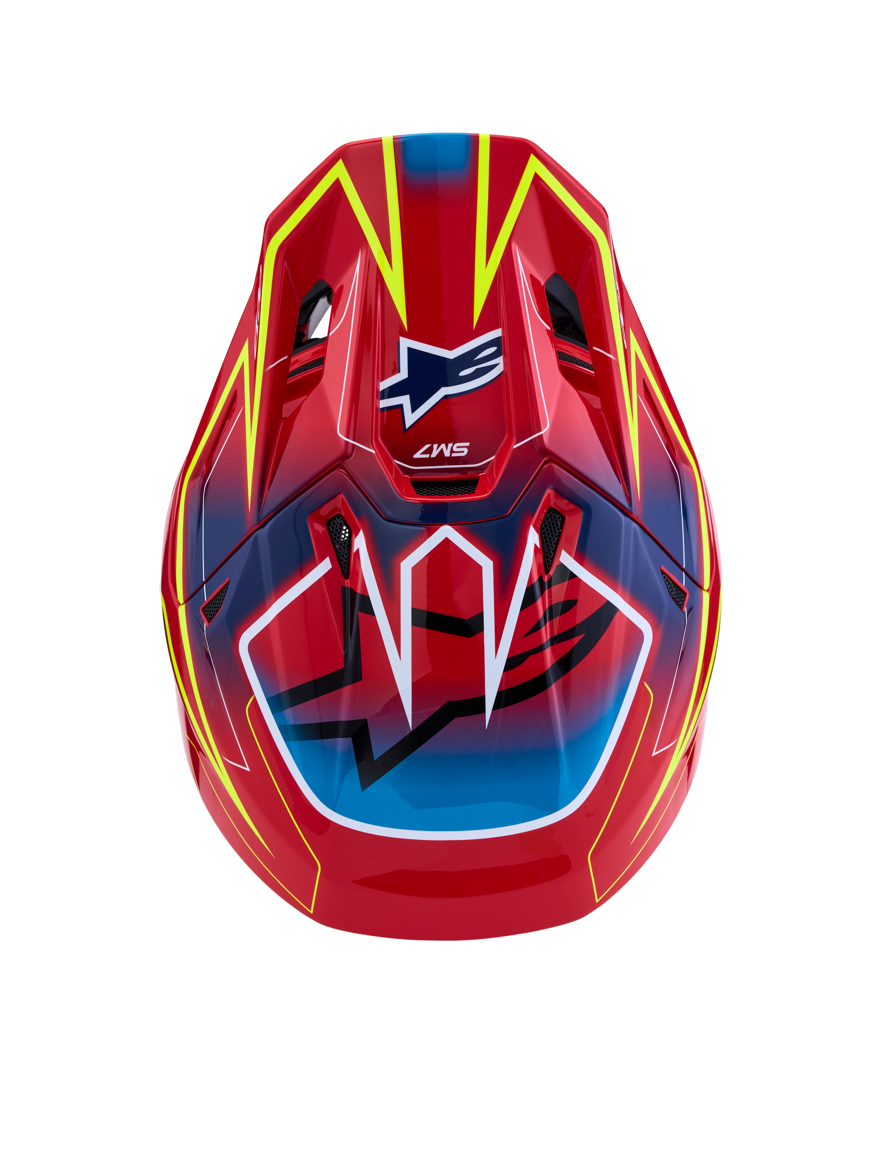 Alpinestars Casco S-M7 Cast ECE06, casco da motocross, rosso, giallo fluo e blu lucido, ECE 22.06, vista dall'alto.