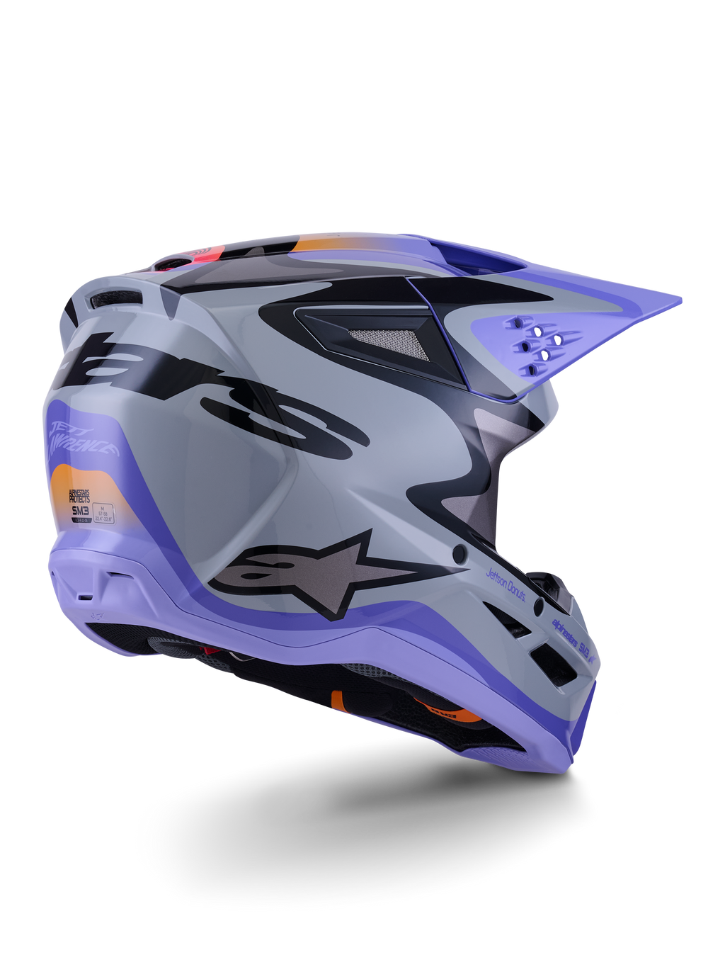 Casco Alpinestars S-M3 Jettson ECE 22.06, casco da motocross, grigio porpora e nero lucido, vista posteriore di tre quarti che mostra la calotta aerodinamica termo-iniettata con prese d'aria e un design grafico audace
