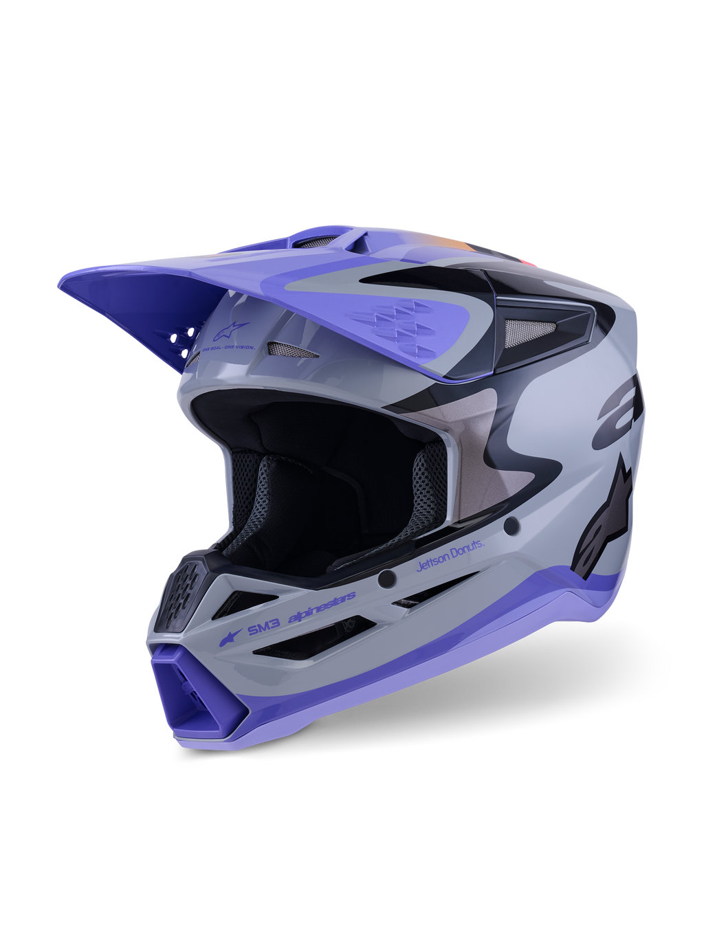Casco Alpinestars S-M3 Jettson ECE 22.06, casco da motocross, grigio, viola e nero lucido, vista a tre quarti anteriore con visiera viola, loghi neri e diverse prese d'aria per prestazioni fuoristrada.
