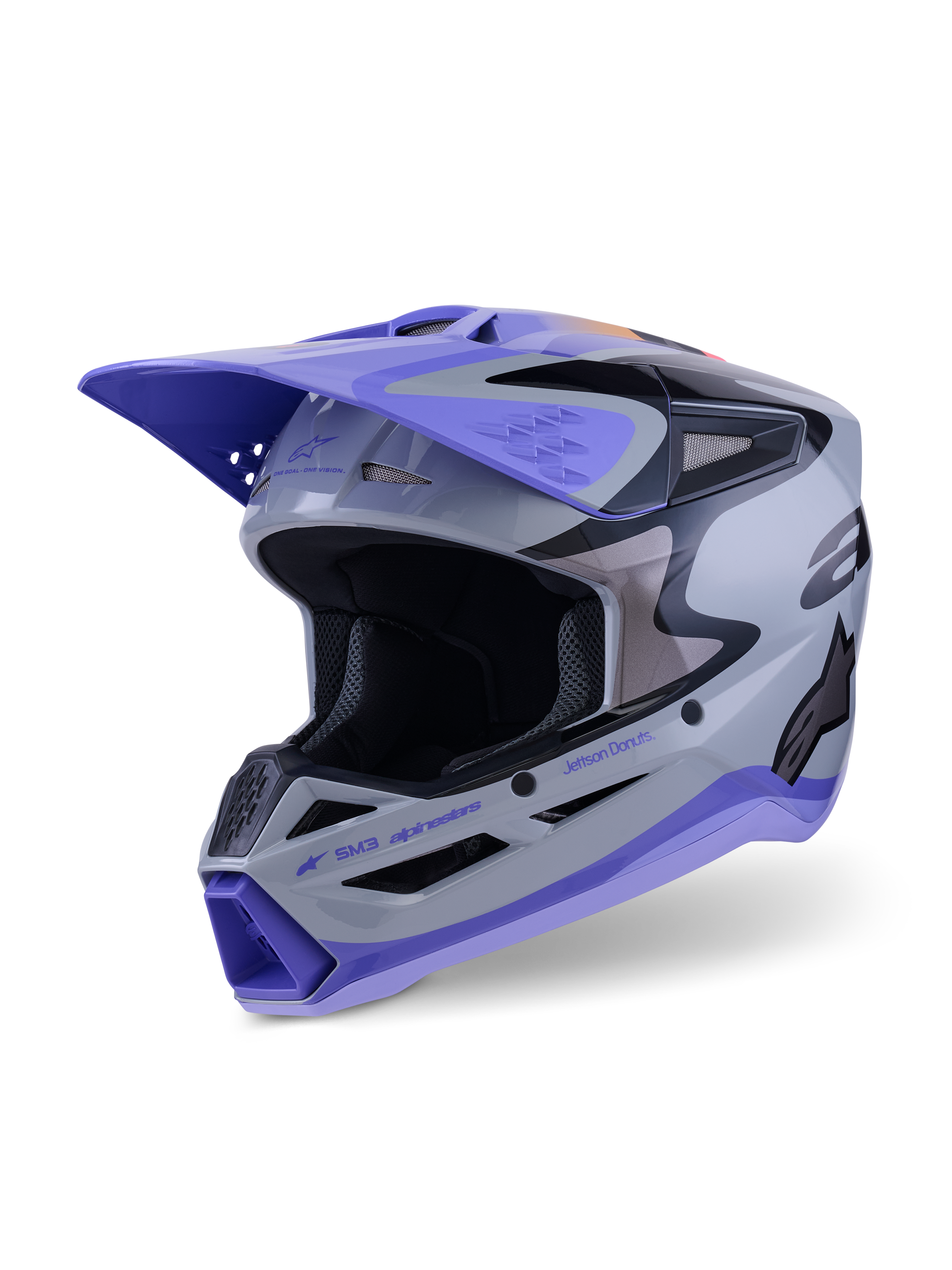 Casco Alpinestars S-M3 Jettson ECE 22.06, casco da motocross, grigio, viola e nero lucido, vista a tre quarti anteriore con visiera viola, loghi neri e diverse prese d'aria per prestazioni fuoristrada.