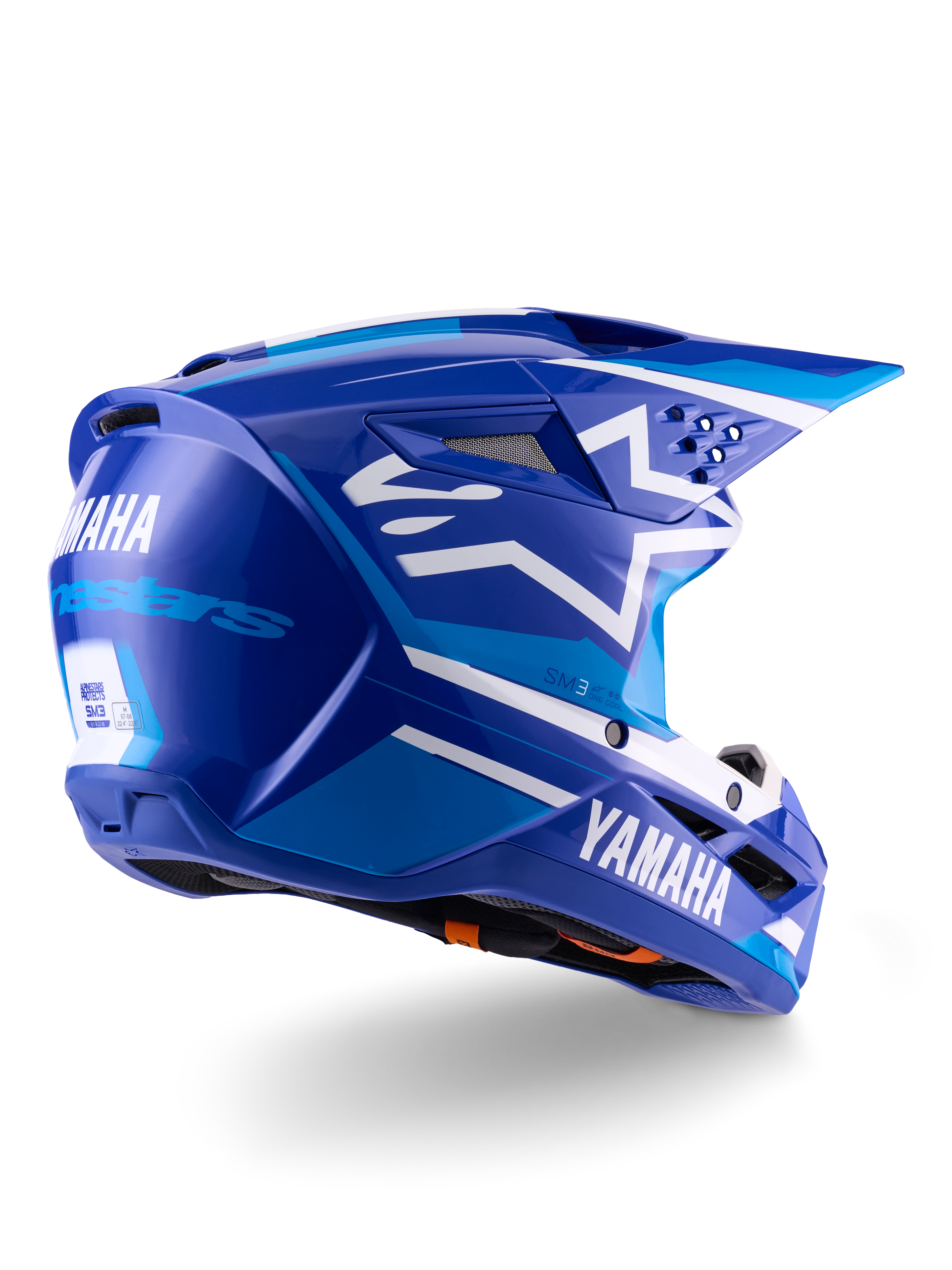 Alpinestars Yamaha S-M3 Helmet ECE 22.06, casco da motocross, blu e bianco lucido, con loghi Yamaha e Alpinestars, logo a stella bianco sul lato, prese d'aria ed estrattori multipli, design aerodinamico per prestazioni fuoristrada