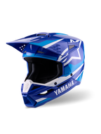 Casco Alpinestars Yamaha S-M3, casco da motocross, blu e bianco lucido, con marchio Yamaha in evidenza e logo a stella Alpinestars, design angolare con frontino e mentoniera ventilata, attrezzatura professionale per corse off-road