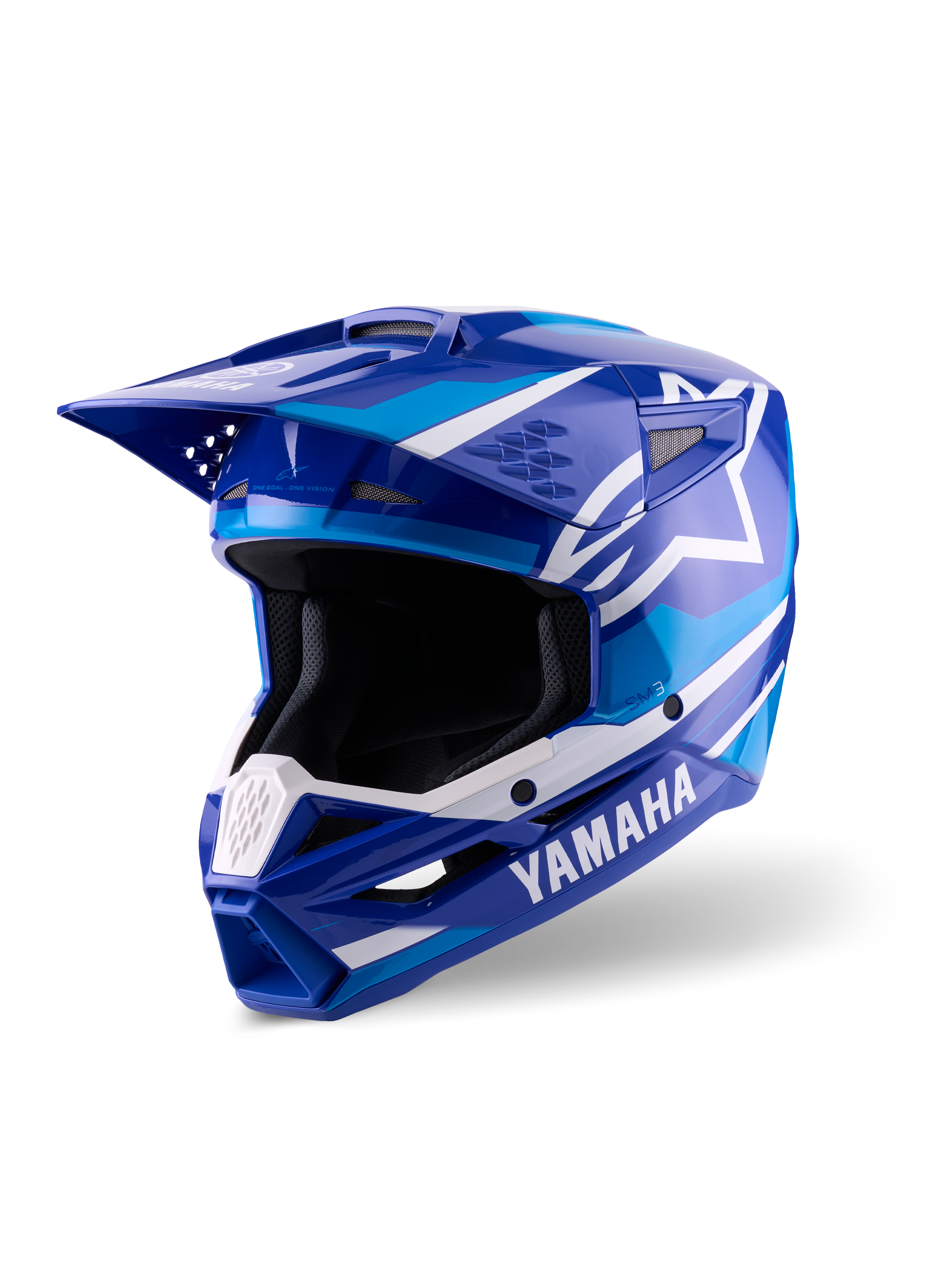 Casco Alpinestars Yamaha S-M3, casco da motocross, blu e bianco lucido, con marchio Yamaha in evidenza e logo a stella Alpinestars, design angolare con frontino e mentoniera ventilata, attrezzatura professionale per corse off-road