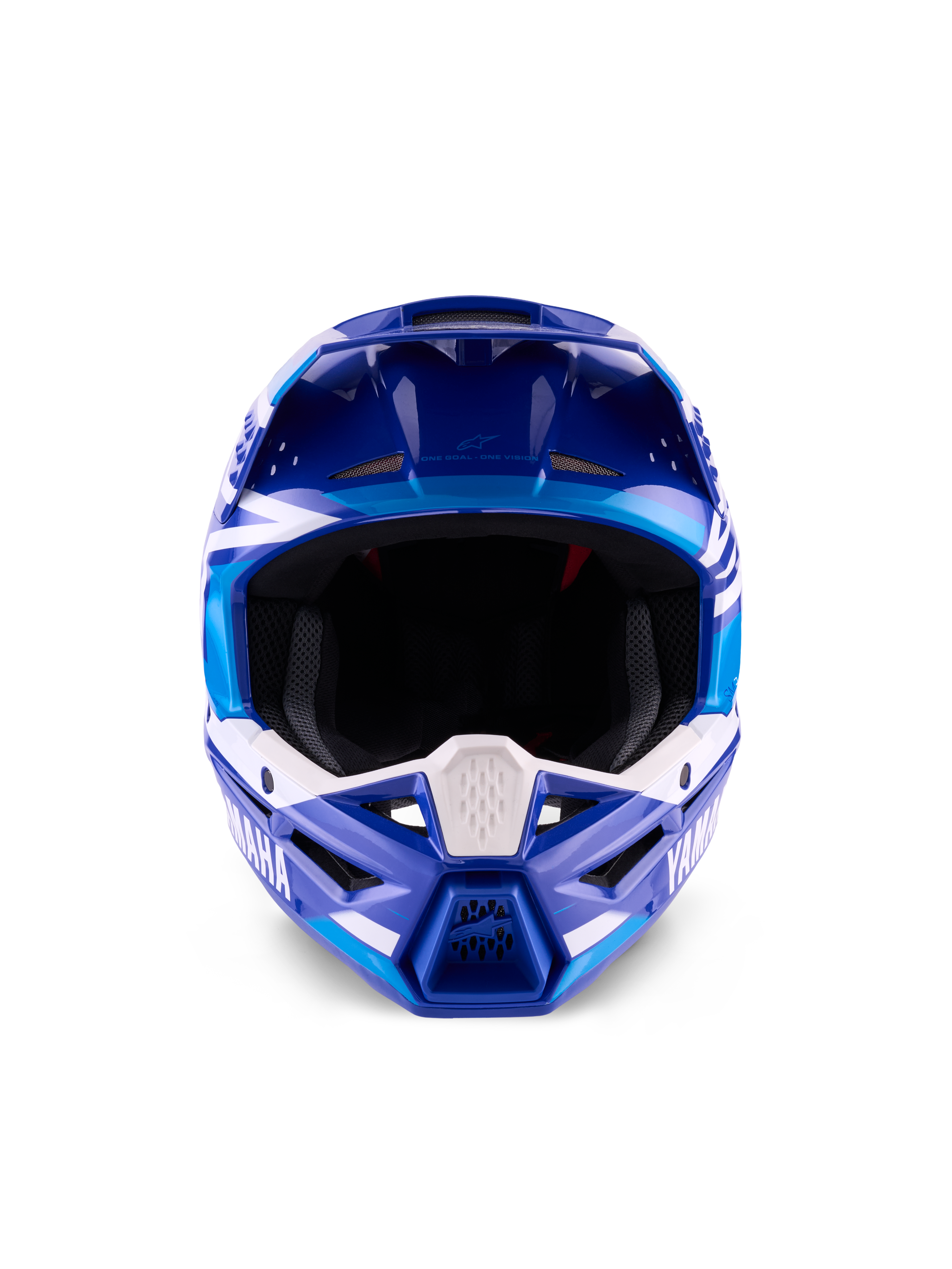 Casco Yamaha S-M3 ECE 22.06, casco da motocross, blu e bianco lucido, vista frontale che mette in evidenza la mentoniera protettiva con logo Yamaha e diverse prese d'aria