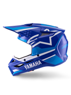 Casco Alpinestars Yamaha S-M3, casco da motocross, blu e bianco lucido, vista di profilo laterale con marchio Yamaha sulla mentoniera e logo a stella Alpinestars, calotta aerodinamica con porte di ventilazione per gare fuoristrada