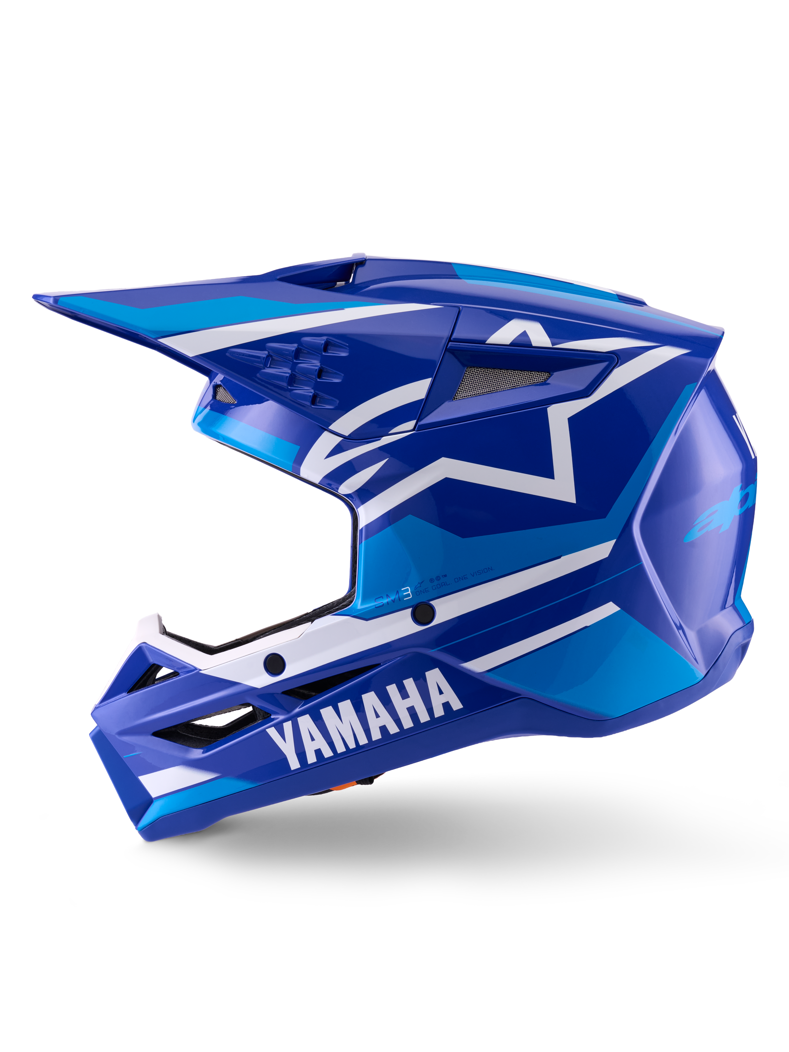 Casco Alpinestars Yamaha S-M3, casco da motocross, blu e bianco lucido, vista di profilo laterale con marchio Yamaha sulla mentoniera e logo a stella Alpinestars, calotta aerodinamica con porte di ventilazione per gare fuoristrada