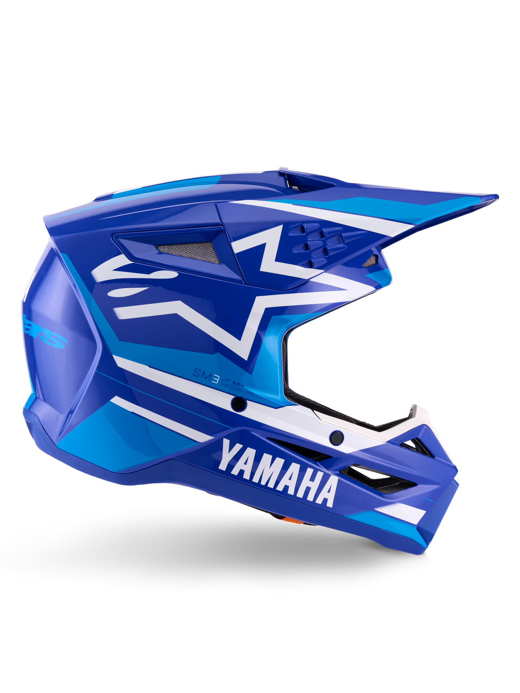 Casco Alpinestars Yamaha S-M3 ECE 22.06, casco da motocross, blu e bianco lucido, con marchio Yamaha e motivi geometrici, design aerodinamico con prese d'aria in rete nera e visiera a punta, attrezzatura professionale da fuoristrada