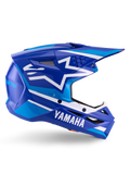 Casco Alpinestars Yamaha S-M3 ECE 22.06, casco da motocross, blu e bianco lucido, con marchio Yamaha e motivi geometrici, design aerodinamico con prese d'aria in rete nera e visiera a punta, attrezzatura professionale da fuoristrada