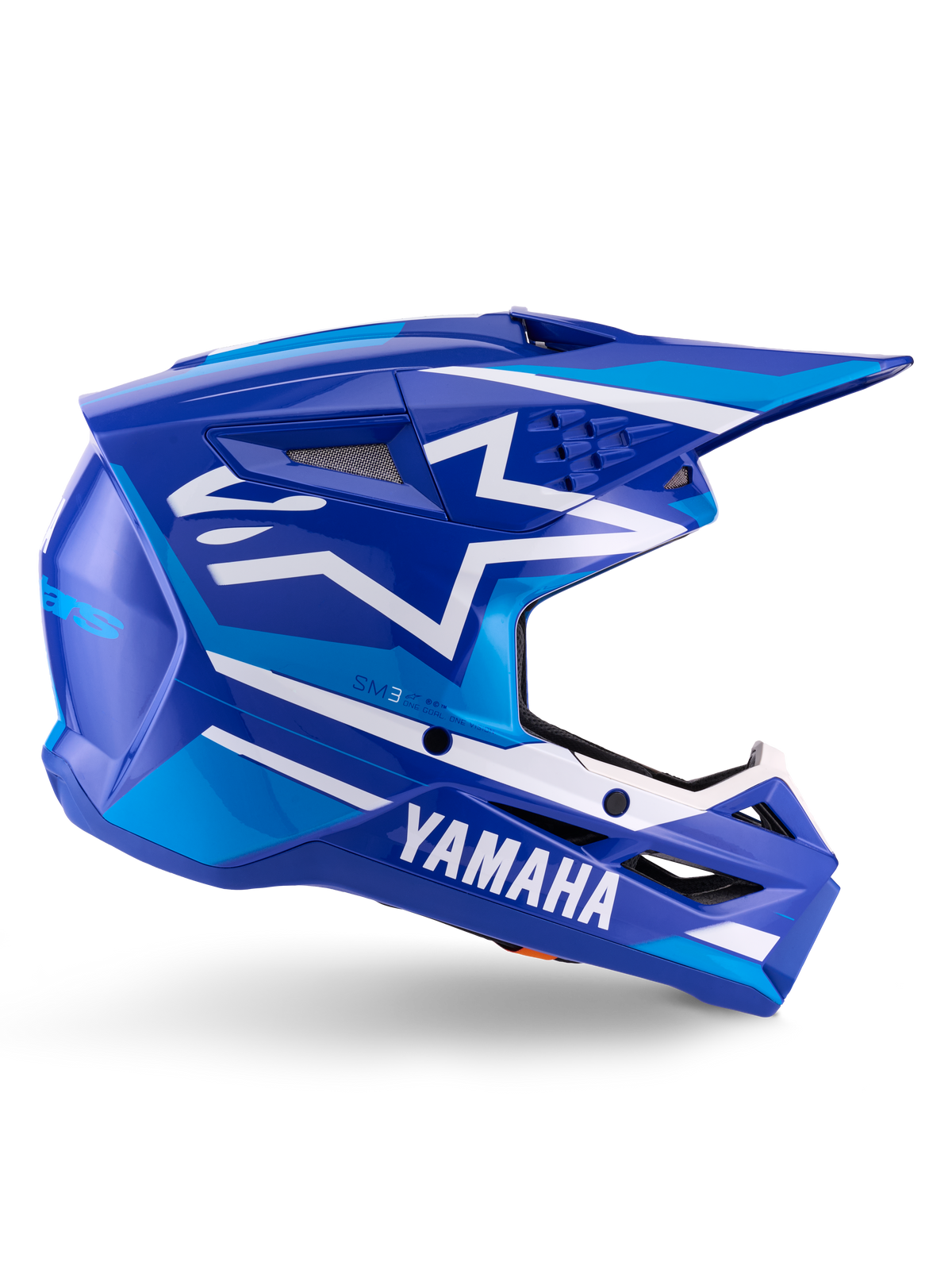 Casco Alpinestars Yamaha S-M3 ECE 22.06, casco da motocross, blu e bianco lucido, con marchio Yamaha e motivi geometrici, design aerodinamico con prese d'aria in rete nera e visiera a punta, attrezzatura professionale da fuoristrada