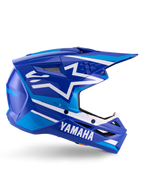 Casco Alpinestars Yamaha S-M3 ECE 22.06, casco da motocross, blu e bianco lucido, con marchio Yamaha e motivi geometrici, design aerodinamico con prese d'aria in rete nera e visiera a punta, attrezzatura professionale da fuoristrada