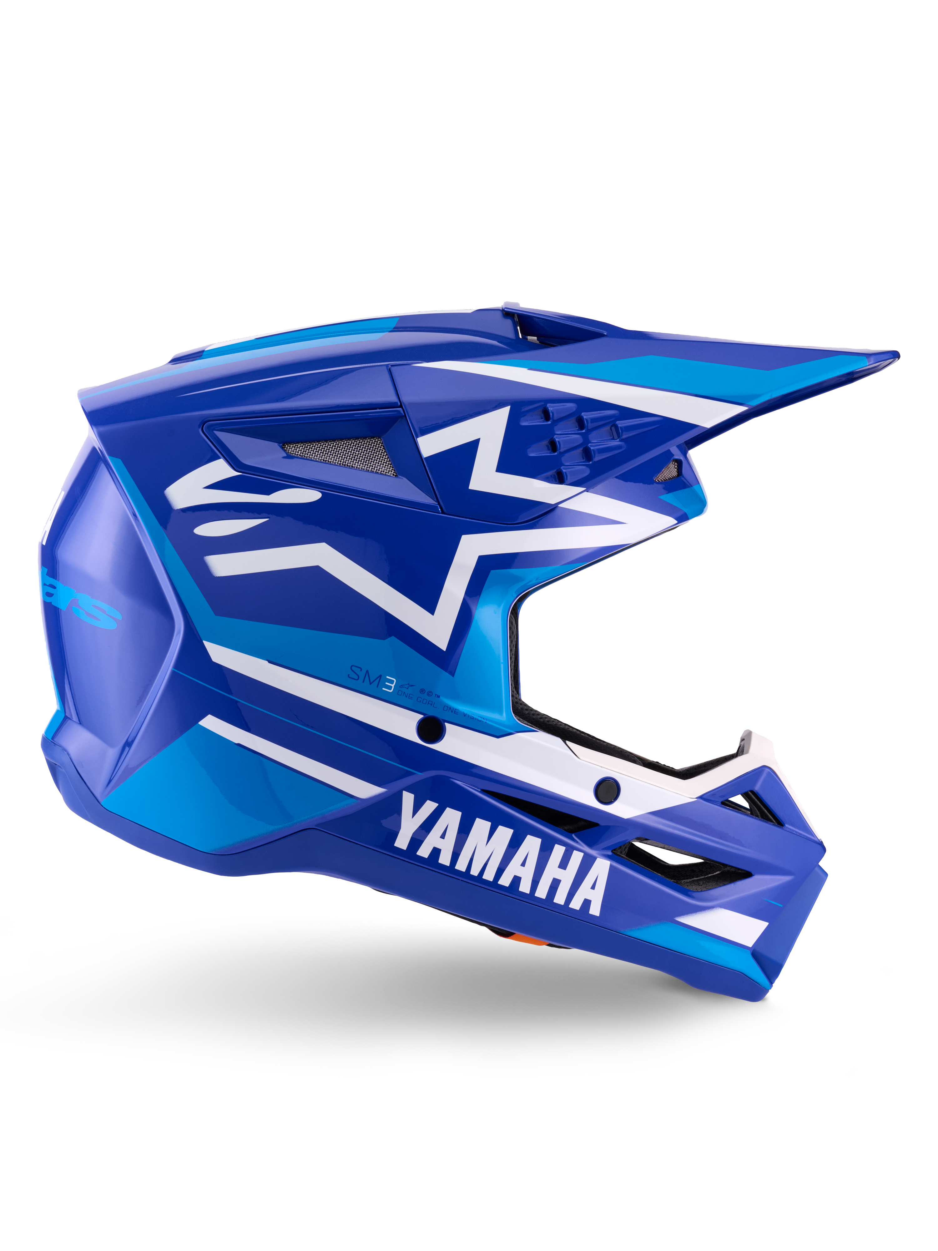 Casco Alpinestars Yamaha S-M3 ECE 22.06, casco da motocross, blu e bianco lucido, con marchio Yamaha e motivi geometrici, design aerodinamico con prese d'aria in rete nera e visiera a punta, attrezzatura professionale da fuoristrada