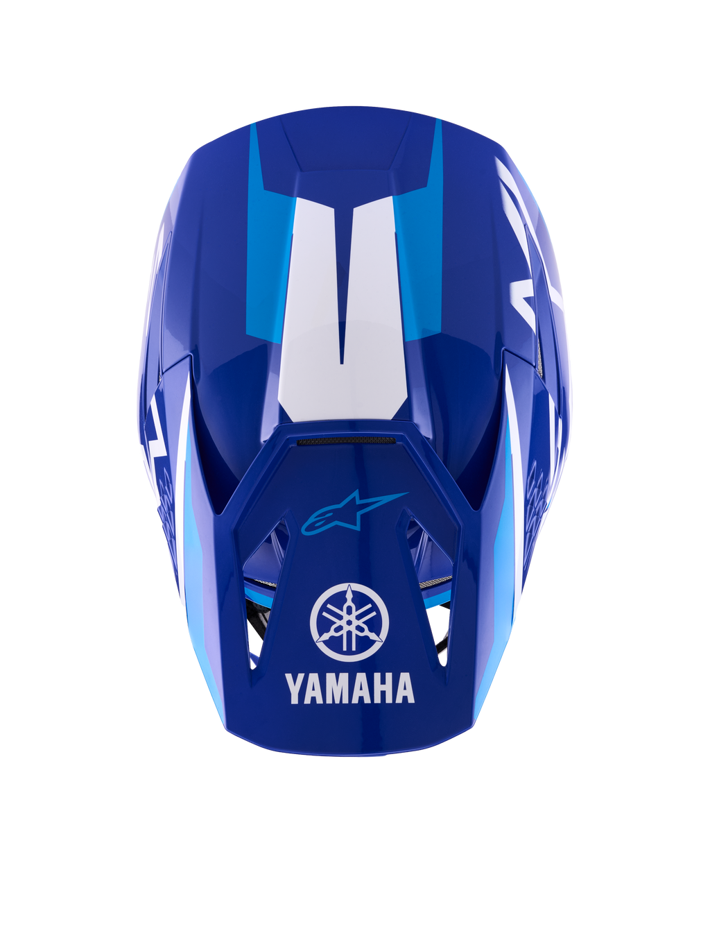 Casco Alpinestars Yamaha S-M3, casco da motocross, blu e bianco lucido, vista dall'alto che mostra il frontino con logo e scritta Yamaha bianchi, accenti grafici azzurri e design aerodinamico della calotta aggressivo.