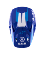 Casco Alpinestars Yamaha S-M3, casco da motocross, blu e bianco lucido, vista dall'alto che mostra il frontino con logo e scritta Yamaha bianchi, accenti grafici azzurri e design aerodinamico della calotta aggressivo.