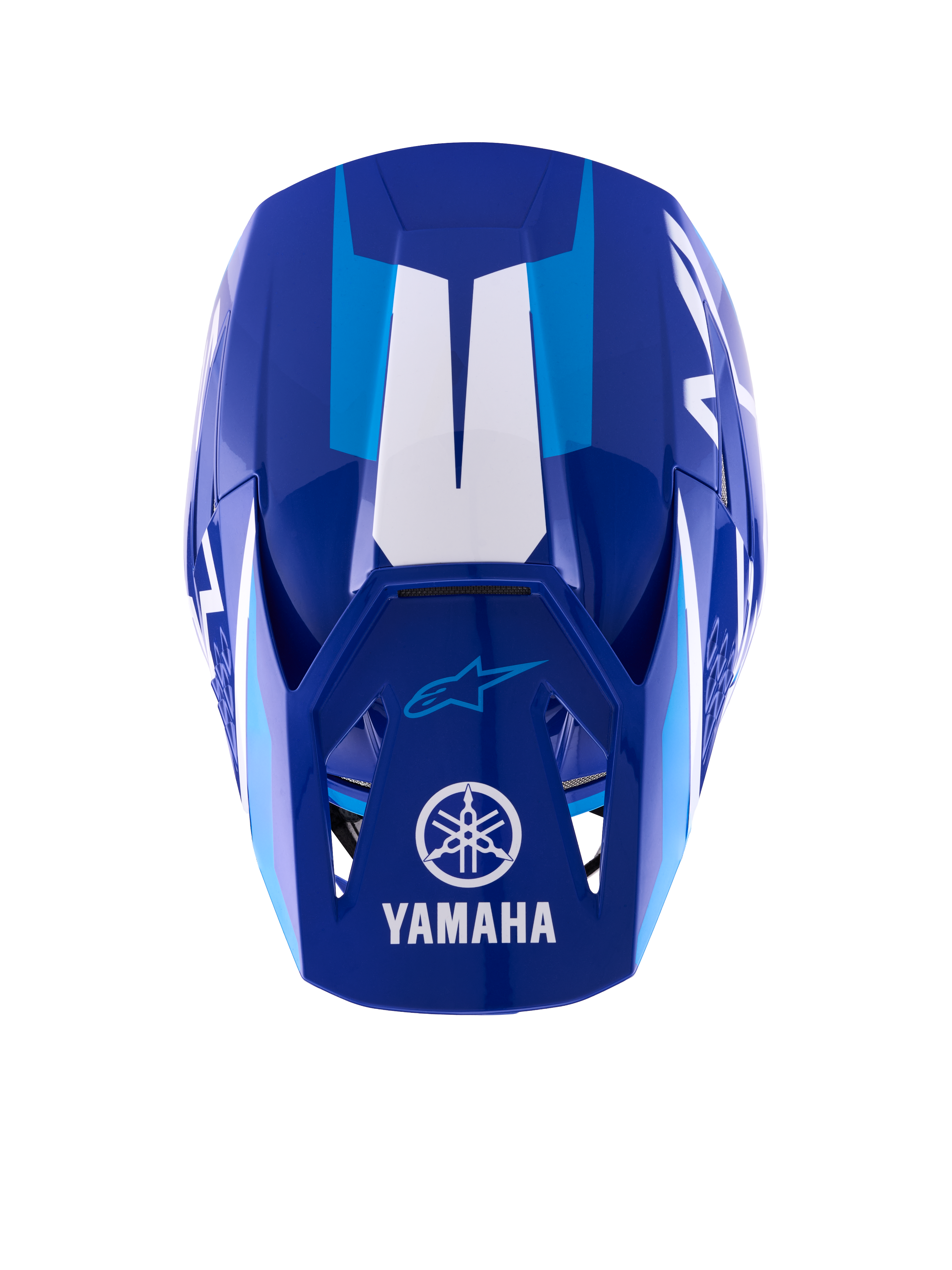 Casco Alpinestars Yamaha S-M3, casco da motocross, blu e bianco lucido, vista dall'alto che mostra il frontino con logo e scritta Yamaha bianchi, accenti grafici azzurri e design aerodinamico della calotta aggressivo.