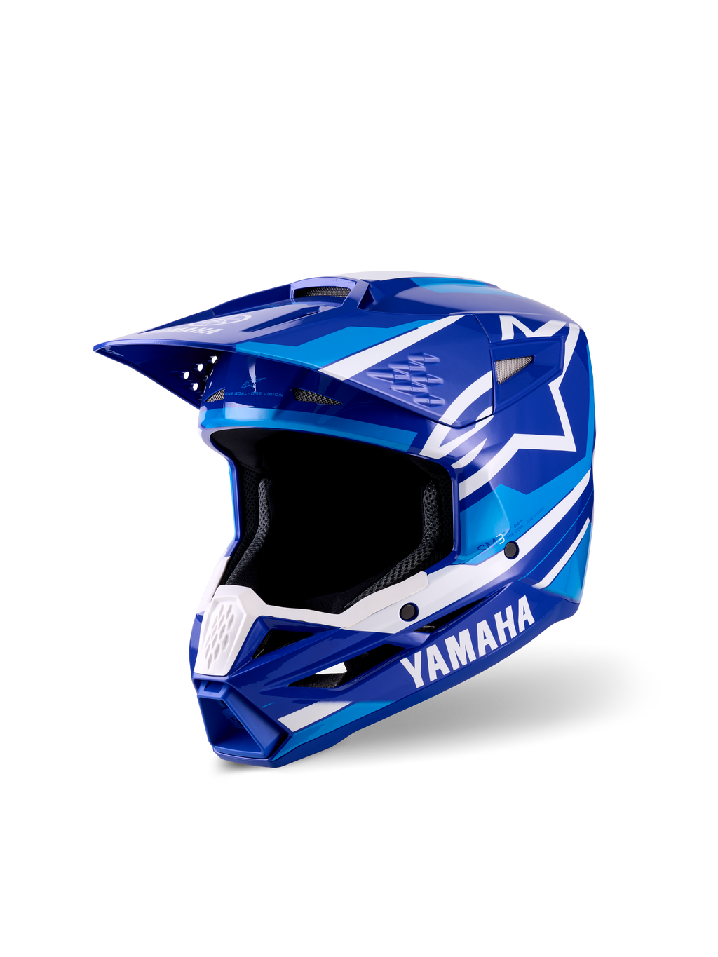 Casco da motocross per ragazzi Alpinestars Yamaha S-M3, finitura lucida blu e bianca, con loghi Yamaha e Alpinestars in evidenza, design aerodinamico del frontino, ampia apertura e mentoniera ventilata per prestazioni off-road