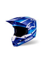 Casco da motocross per ragazzi Alpinestars Yamaha S-M3, finitura lucida blu e bianca, con loghi Yamaha e Alpinestars in evidenza, design aerodinamico del frontino, ampia apertura e mentoniera ventilata per prestazioni off-road