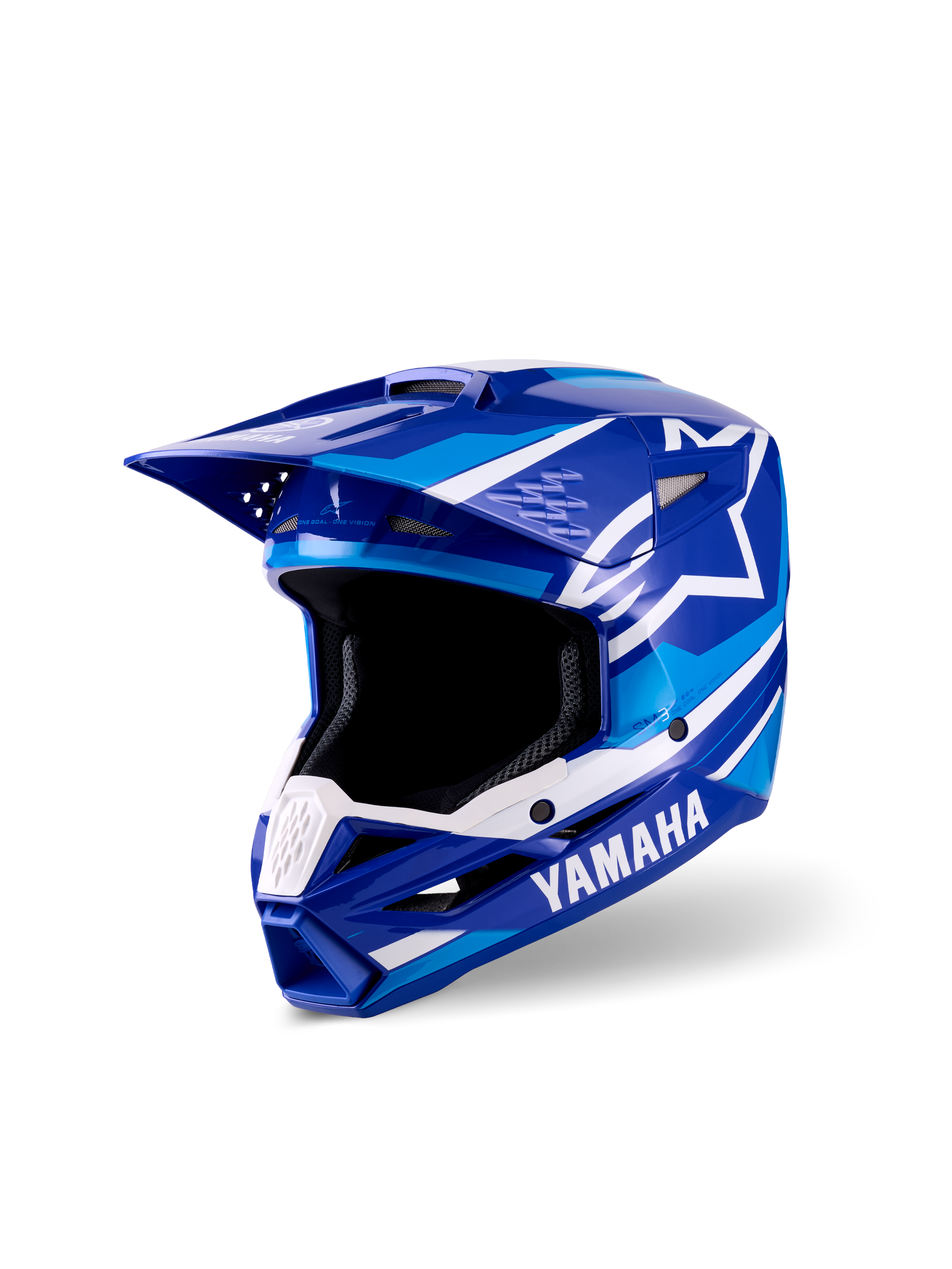Casco da motocross per ragazzi Alpinestars Yamaha S-M3, finitura lucida blu e bianca, con loghi Yamaha e Alpinestars in evidenza, design aerodinamico del frontino, ampia apertura e mentoniera ventilata per prestazioni off-road