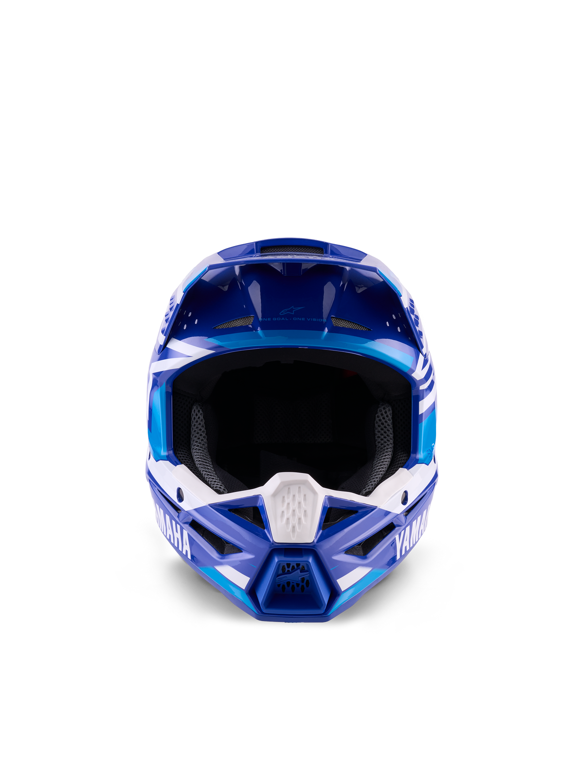 Casco da motocross Alpinestars Yamaha S-M3 per ragazzi, blu e bianco lucido, vista frontale che mette in risalto l'ampia apertura per la maschera e il design aggressivo della mentoniera, presenta il marchio Yamaha e grafiche geometriche, protezione professionale per la testa per giovani piloti off-road