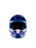 Casco da motocross Alpinestars Yamaha S-M3 per ragazzi, blu e bianco lucido, vista frontale che mette in risalto l'ampia apertura per la maschera e il design aggressivo della mentoniera, presenta il marchio Yamaha e grafiche geometriche, protezione professionale per la testa per giovani piloti off-road