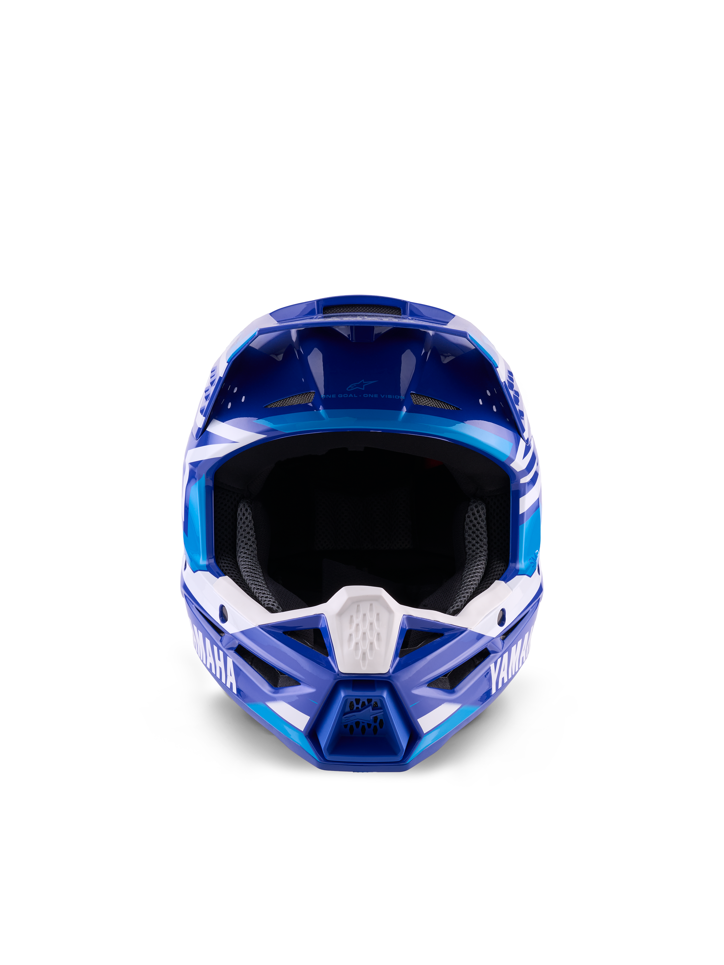 Casco da motocross Alpinestars Yamaha S-M3 per ragazzi, blu e bianco lucido, vista frontale che mette in risalto l'ampia apertura per la maschera e il design aggressivo della mentoniera, presenta il marchio Yamaha e grafiche geometriche, protezione professionale per la testa per giovani piloti off-road