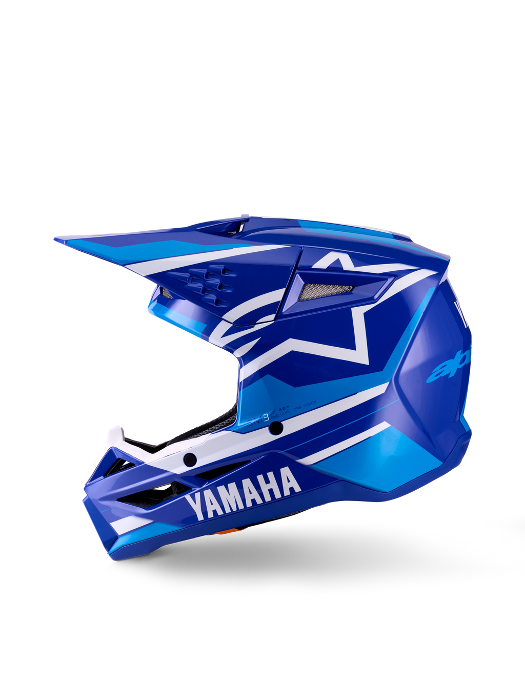 Casco da motocross Yamaha S-M3 per ragazzi, casco da motocross, blu e bianco lucido, vista di profilo laterale, con marchio Yamaha sulla mentoniera e logo a stella Alpinestars, calotta aerodinamica con prese d'aria multiple e frontino integrato.
