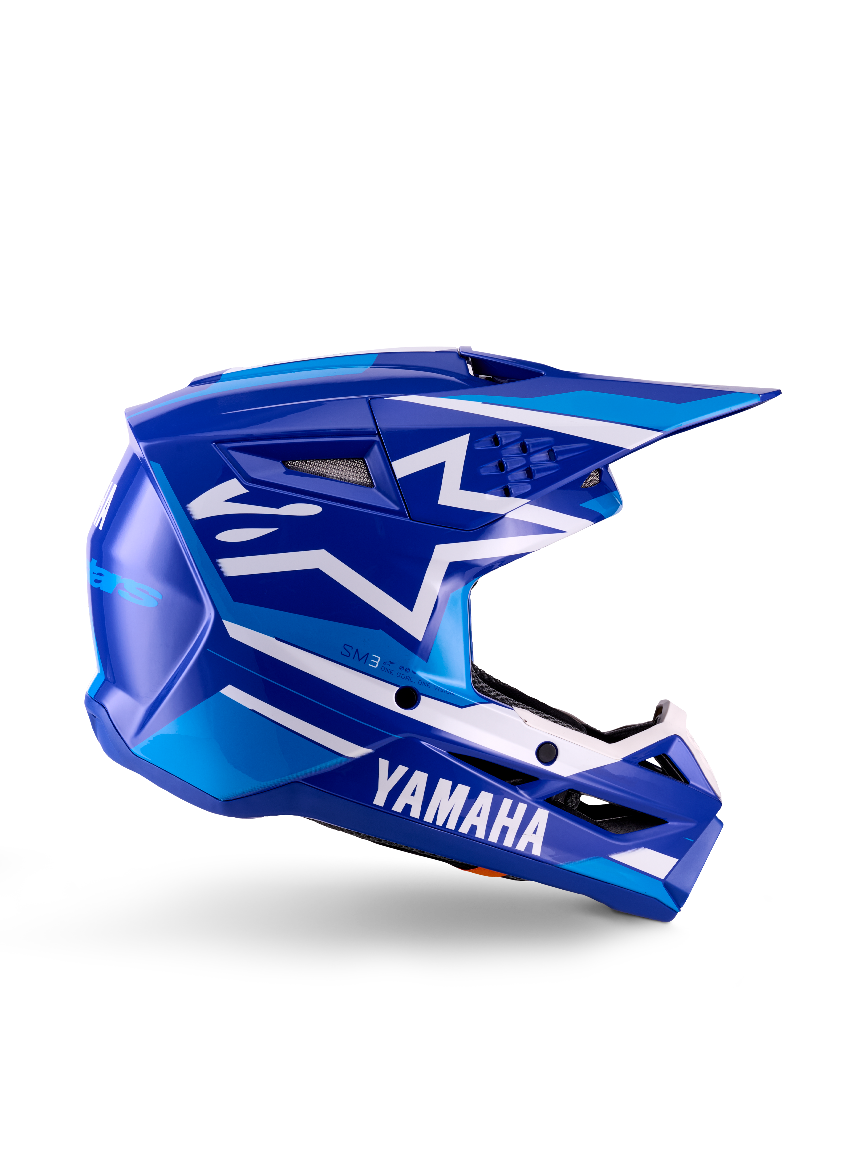 Casco da motocross Yamaha S-M3 Youth, blu e bianco lucido, vista laterale con branding Yamaha e logo a stella Alpinestars, design geometrico con accenti azzurri, calotta ventilata con visiera lunga, protezione per la testa off-road certificata ECE 22.06