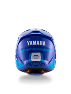 Casco da motocross per ragazzi Yamaha S-M3, vista posteriore, blu e bianco lucido, con loghi Yamaha e Alpinestars ben visibili, design della calotta aerodinamico con etichetta di certificazione ECE 22.06, protezione professionale per gare fuoristrada
