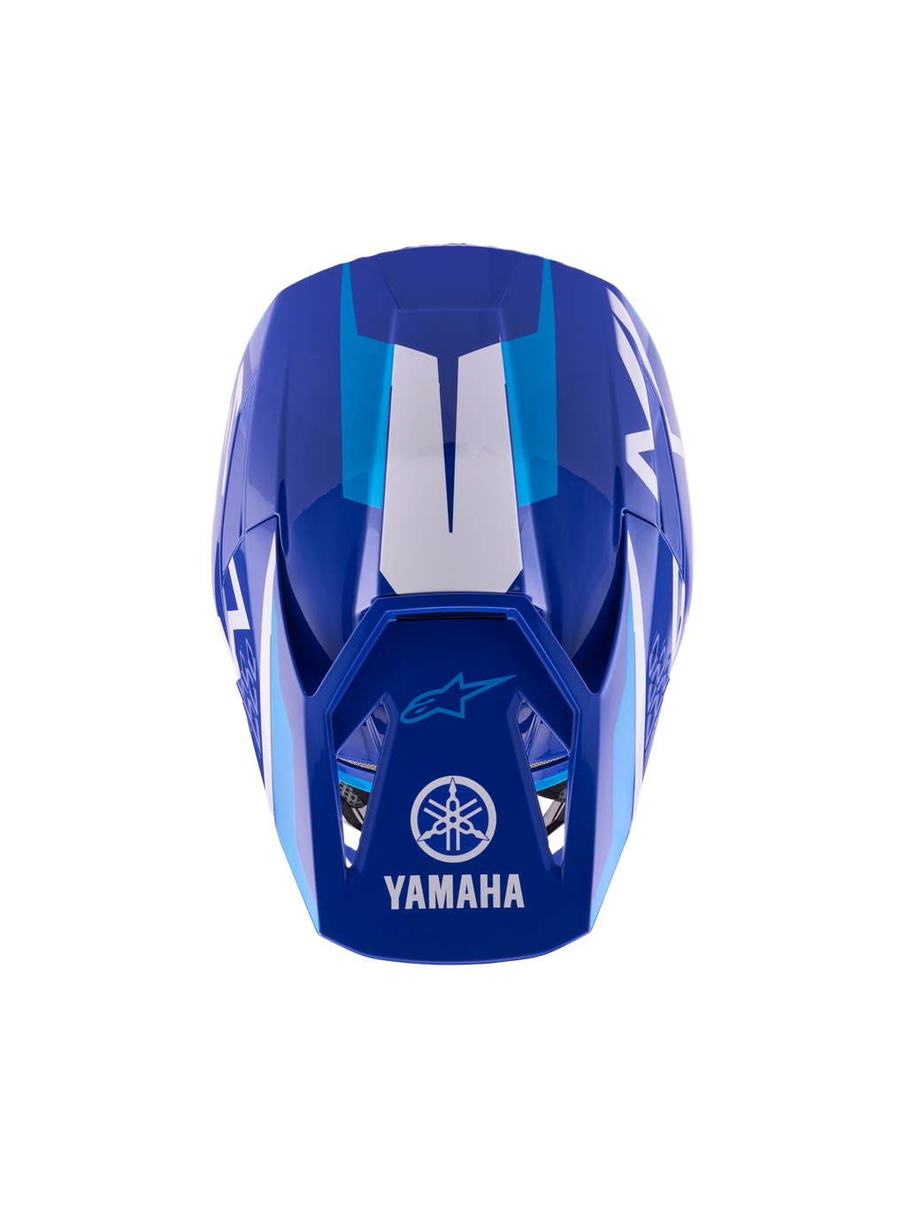Casco da motocross per ragazzi Alpinestars Yamaha S-M3, blu e bianco lucido, vista dall'alto della calotta esterna e del frontino, con loghi Yamaha e Alpinestars, design aerodinamico con finitura lucida e accenti grafici bianchi.