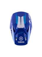 Casco da motocross per ragazzi Alpinestars Yamaha S-M3, blu e bianco lucido, vista dall'alto della calotta esterna e del frontino, con loghi Yamaha e Alpinestars, design aerodinamico con finitura lucida e accenti grafici bianchi.
