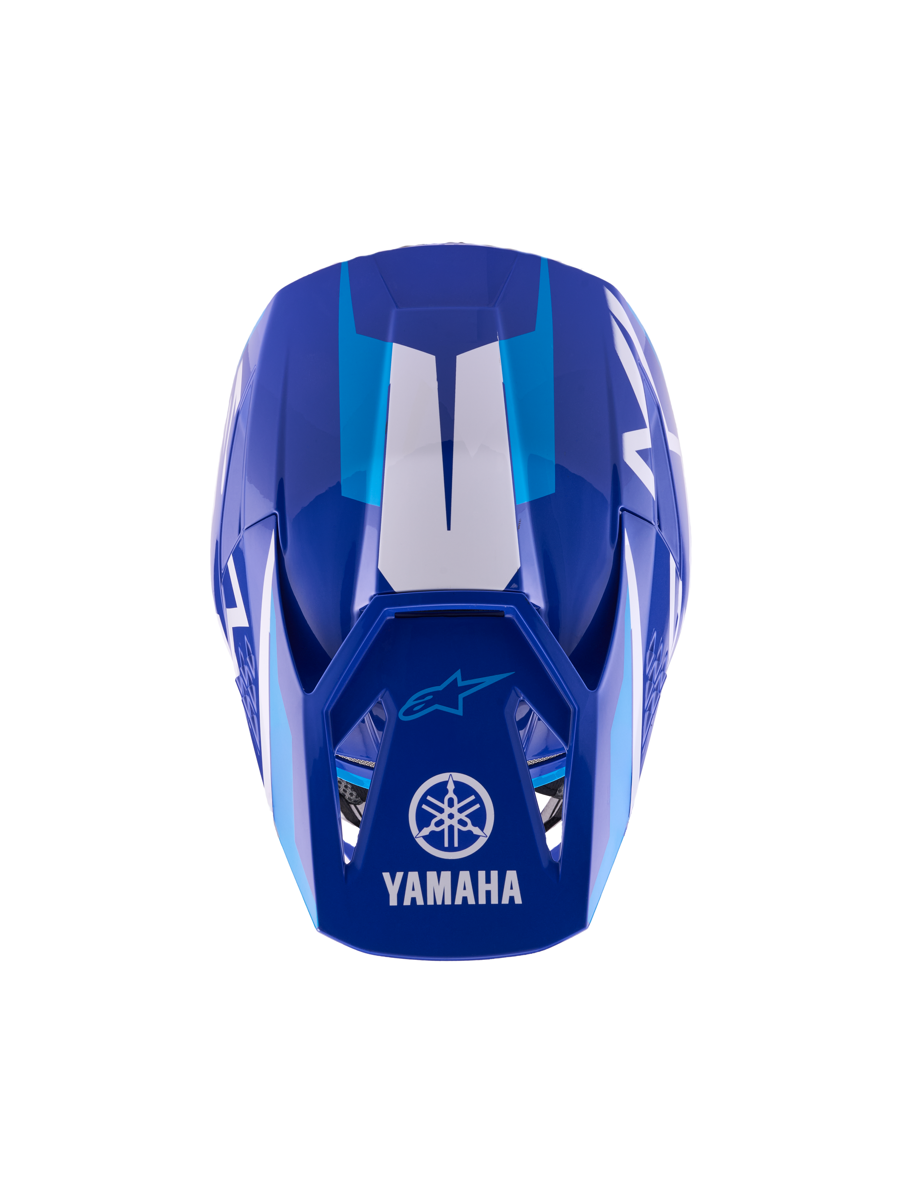 Casco da motocross per ragazzi Alpinestars Yamaha S-M3, blu e bianco lucido, vista dall'alto della calotta esterna e del frontino, con loghi Yamaha e Alpinestars, design aerodinamico con finitura lucida e accenti grafici bianchi.