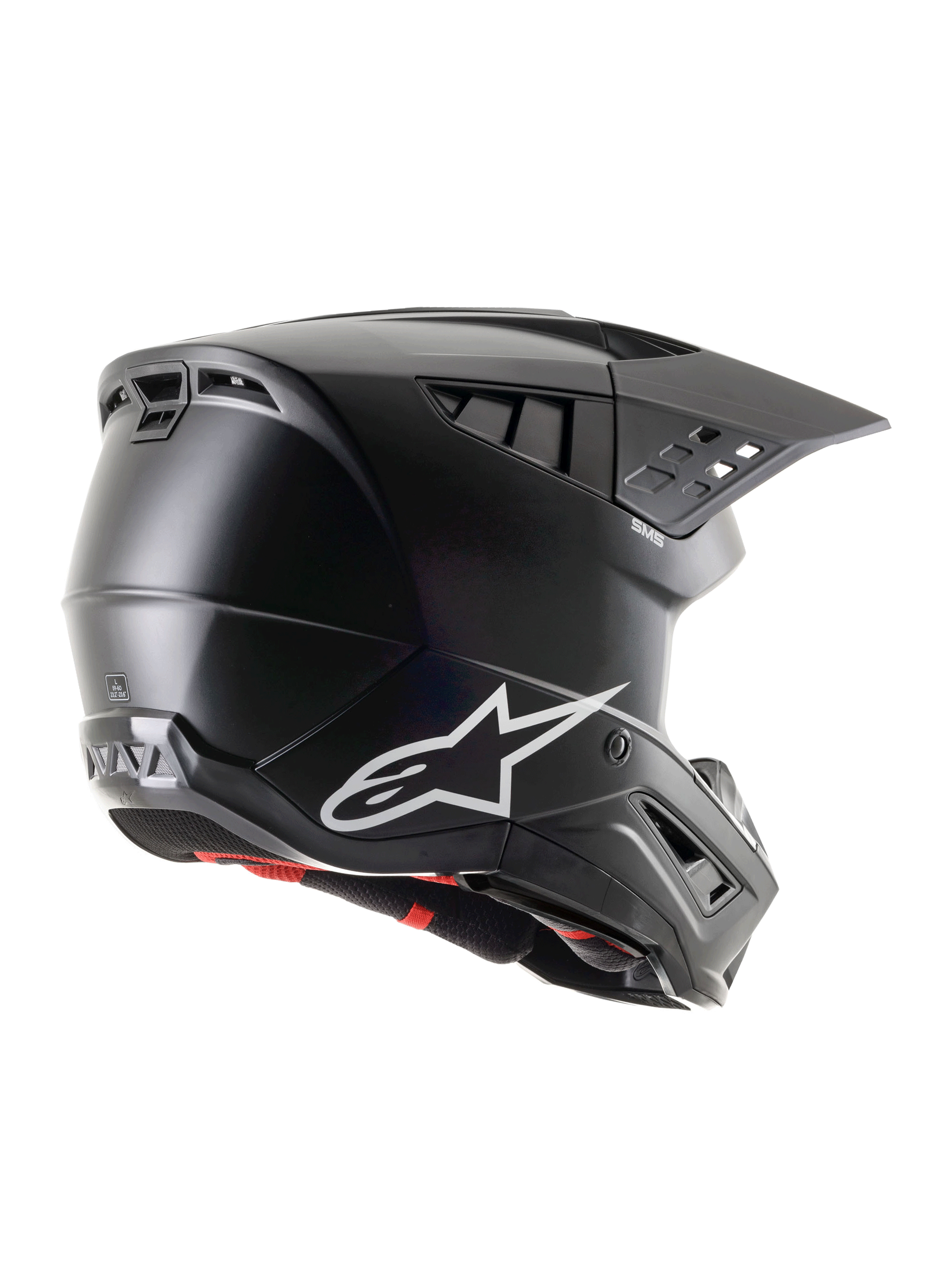 Alpinestars S-M5 Solid ECE 22.06, casco da motocross nero opaco, vista di profilo laterale-posteriore con logo Alpinestars bianco, molteplici porte di ventilazione e visiera integrata per la protezione nel fuoristrada