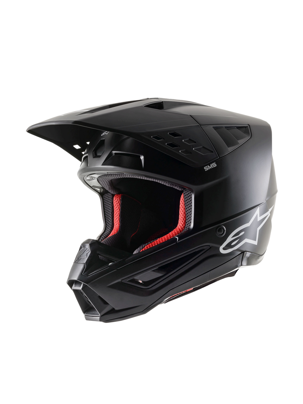 Alpinestars S-M5 Solid Helmet ECE 22.06, casco da motocross, nero opaco, vista a tre quarti, con logo Alpinestars bianco sul lato e imbottitura interna rossa, design aerodinamico con molteplici prese d'aria