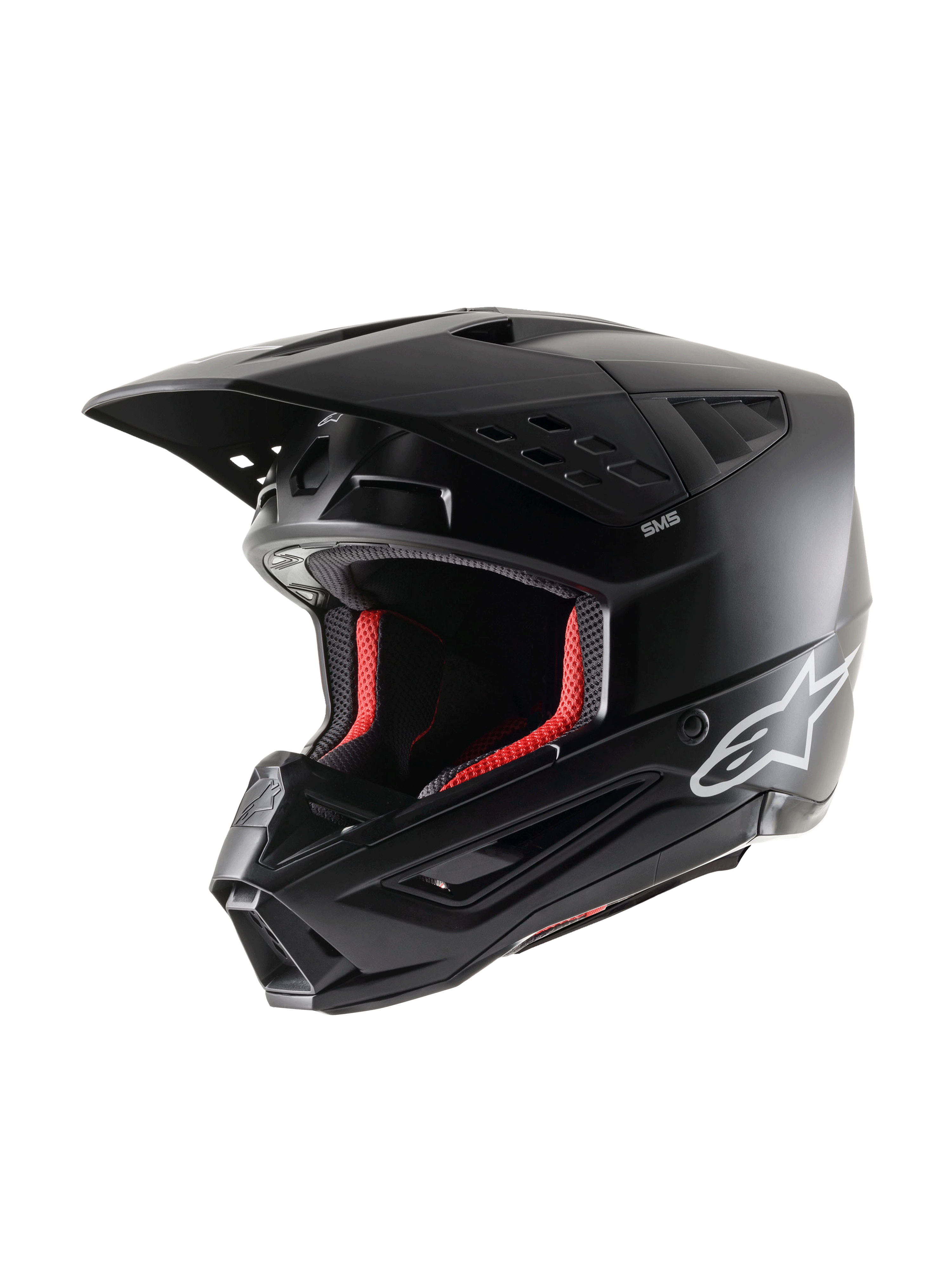 Alpinestars S-M5 Solid Helmet ECE 22.06, casco da motocross, nero opaco, vista a tre quarti, con logo Alpinestars bianco sul lato e imbottitura interna rossa, design aerodinamico con molteplici prese d'aria