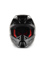 Alpinestars S-M5 Solid Helmet, casco da motocross, nero opaco, vista frontale con imbottitura interna rossa, mentoniera sagomata con prese d'aria e visiera protettiva per il fuoristrada