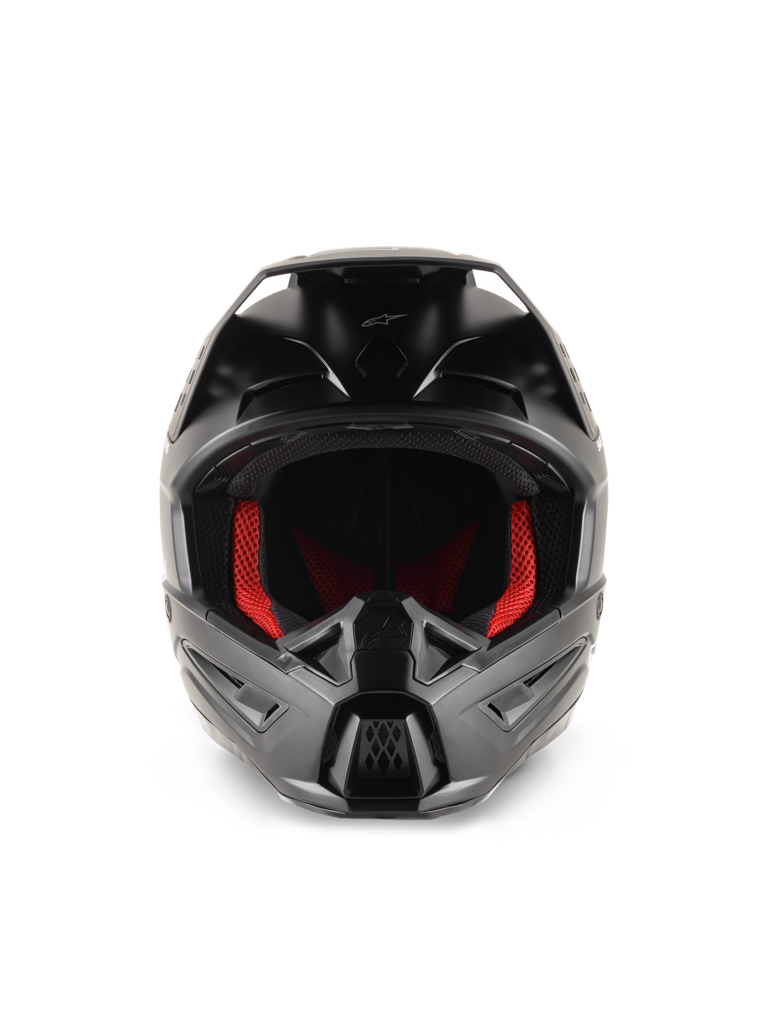 Alpinestars S-M5 Solid Helmet, casco da motocross, nero opaco, vista frontale con imbottitura interna rossa, mentoniera sagomata con prese d'aria e visiera protettiva per il fuoristrada
