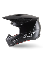 Casco Alpinestars S-M5 Solid ECE 22.06, casco da motocross, nero opaco, vista laterale di profilo con finitura opaca, logo Alpinestars bianco sul lato, imbottitura interna rossa e calotta aerodinamica con porte di ventilazione integrate