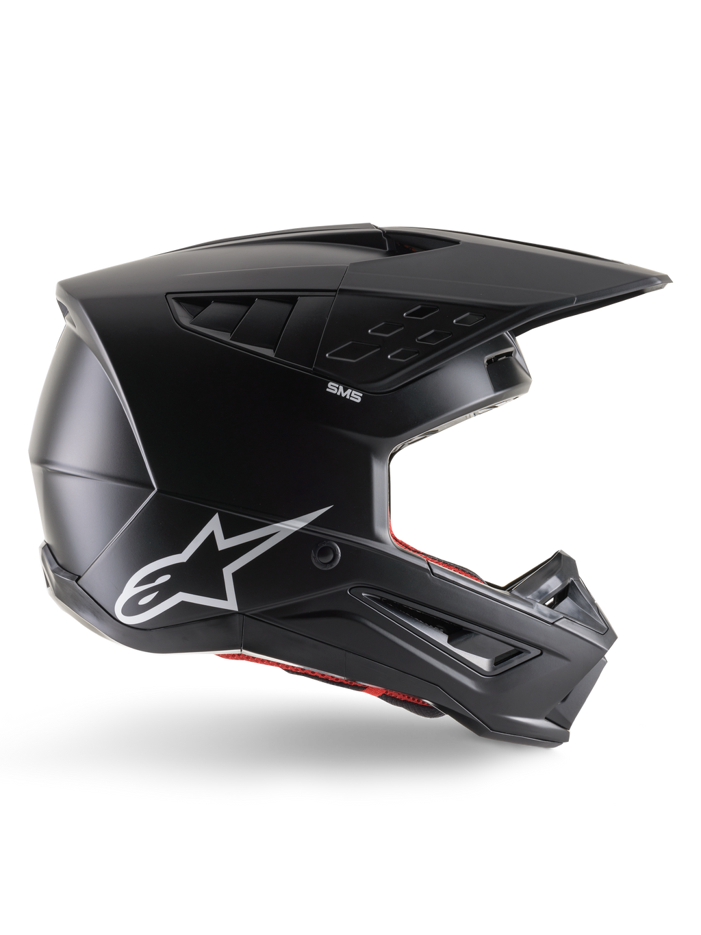 Casco Alpinestars S-M5 Solid, casco da motocross, nero opaco, con logo Alpinestars a stella bianco e rivestimento interno rosso, design aerodinamico con prese d'aria multiple e visiera lunga, protezione off-road certificata ECE 22.06