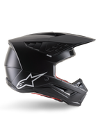 Casco Alpinestars S-M5 Solid, casco da motocross, nero opaco, con logo Alpinestars a stella bianco e rivestimento interno rosso, design aerodinamico con prese d'aria multiple e visiera lunga, protezione off-road certificata ECE 22.06