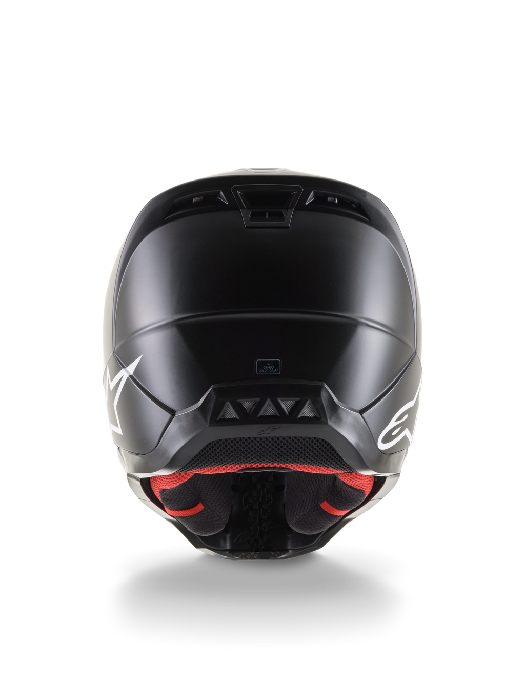 Vista posteriore del casco Alpinestars S-M5 Solid ECE 22.06, casco da motocross, finitura nero opaco, loghi Alpinestars bianchi sui lati, fodera interna rossa, calotta aerodinamica con prese d'aria di scarico.