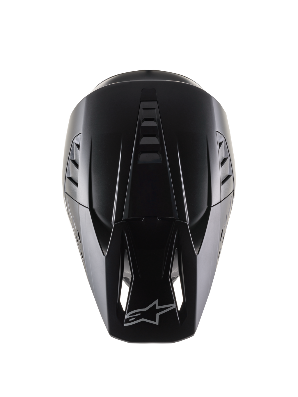 Alpinestars S-M5 Solid Helmet ECE 22.06, casco da motocross, nero opaco, vista dall'alto che mostra la calotta aerodinamica con scanalature di ventilazione, visiera con prese d'aria e logo Alpinestars, elegante finitura opaca progettata per corse off-road